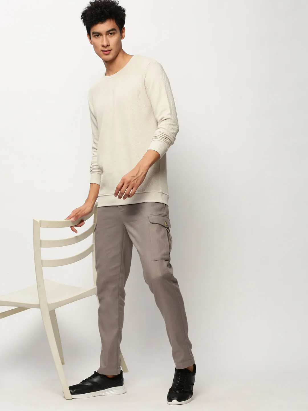 Men Beige Round Neck Long Sleeves Cotton Pullover