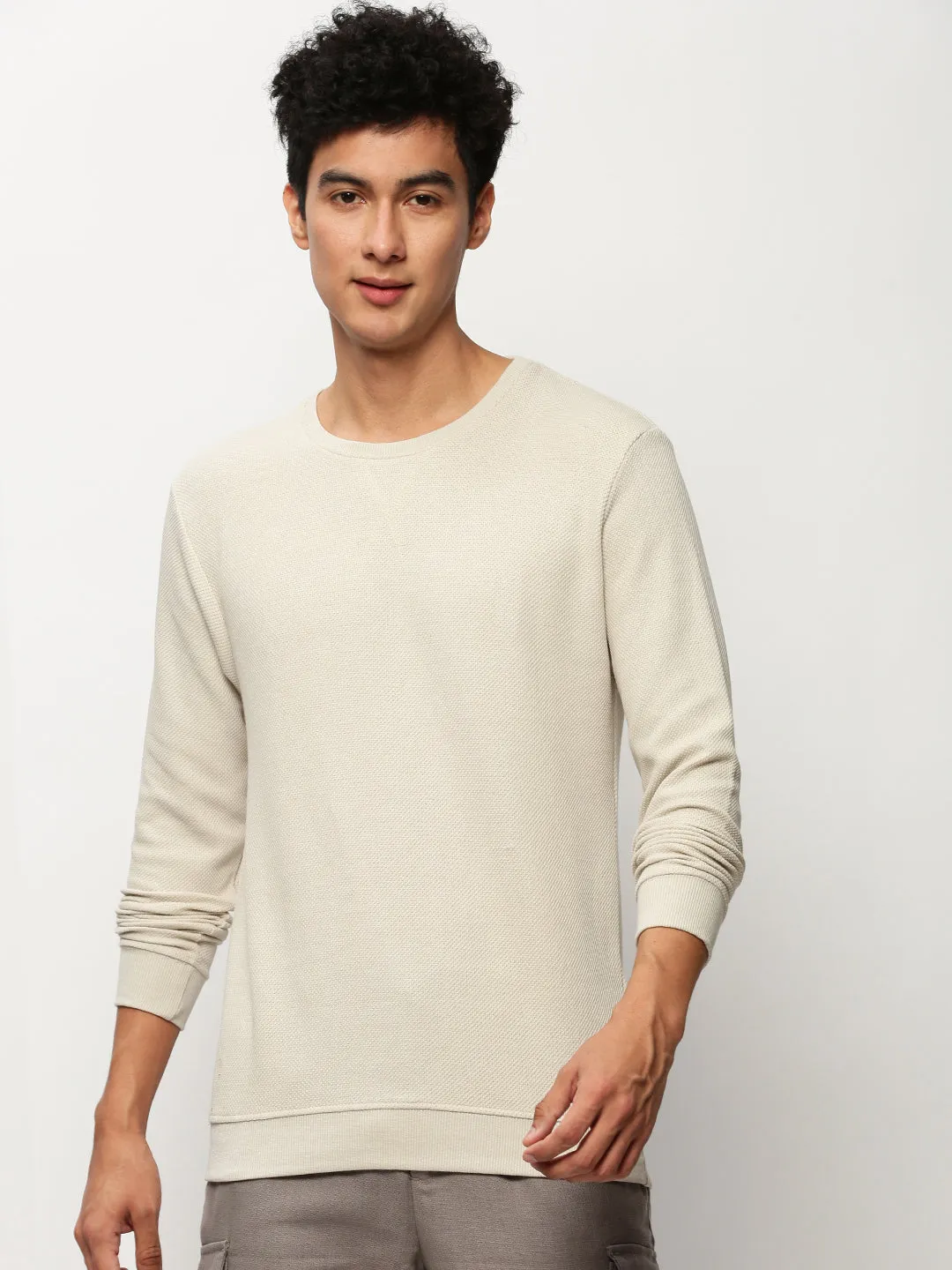 Men Beige Round Neck Long Sleeves Cotton Pullover