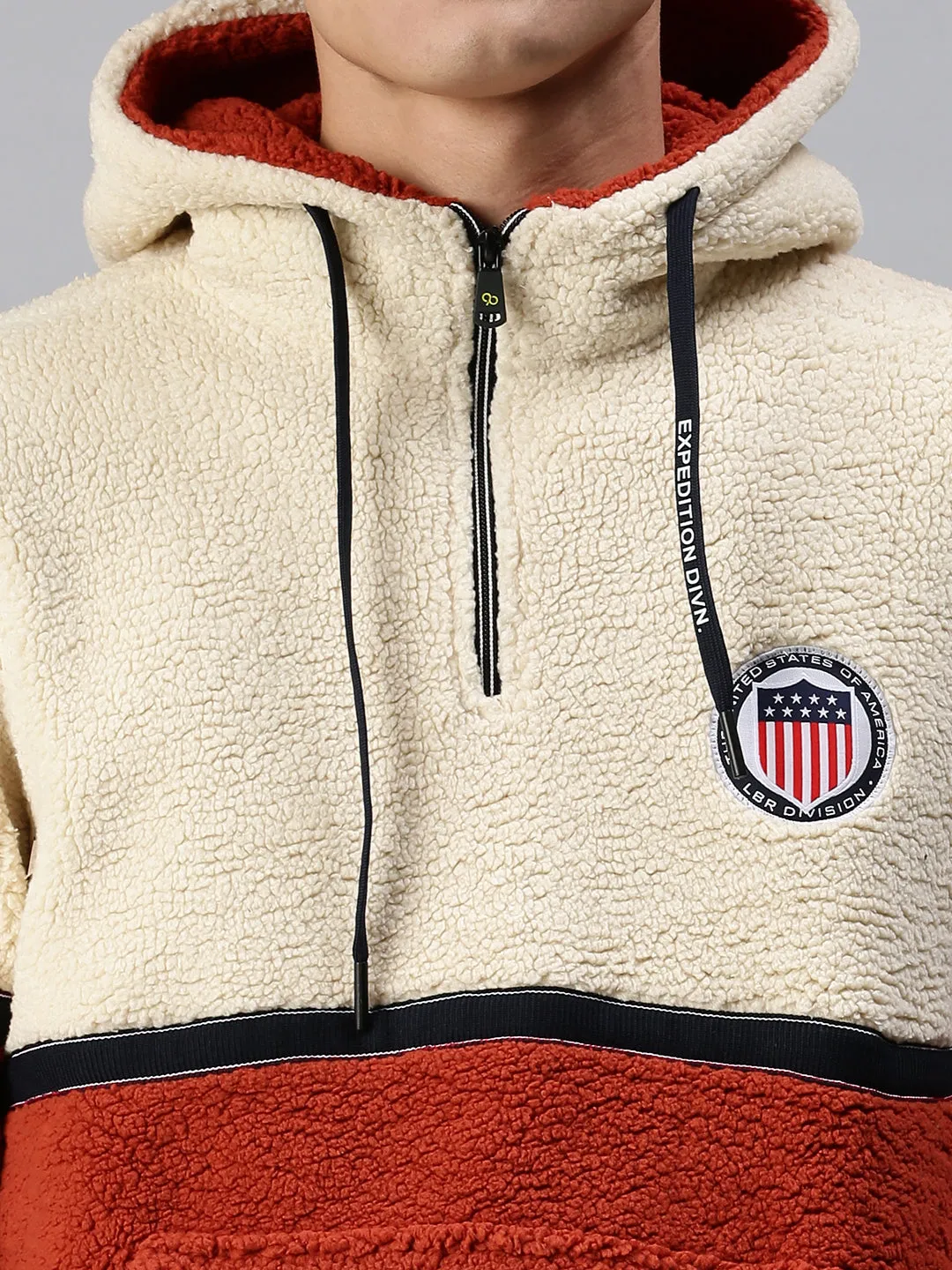 Men Cream Colourblocked Hooded Sweatshirt