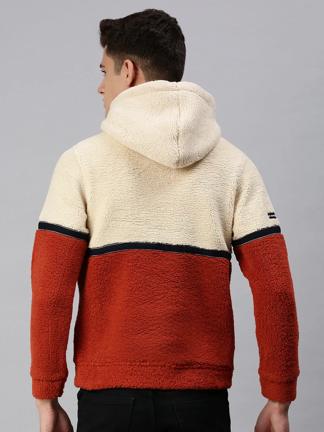 Men Cream Colourblocked Hooded Sweatshirt