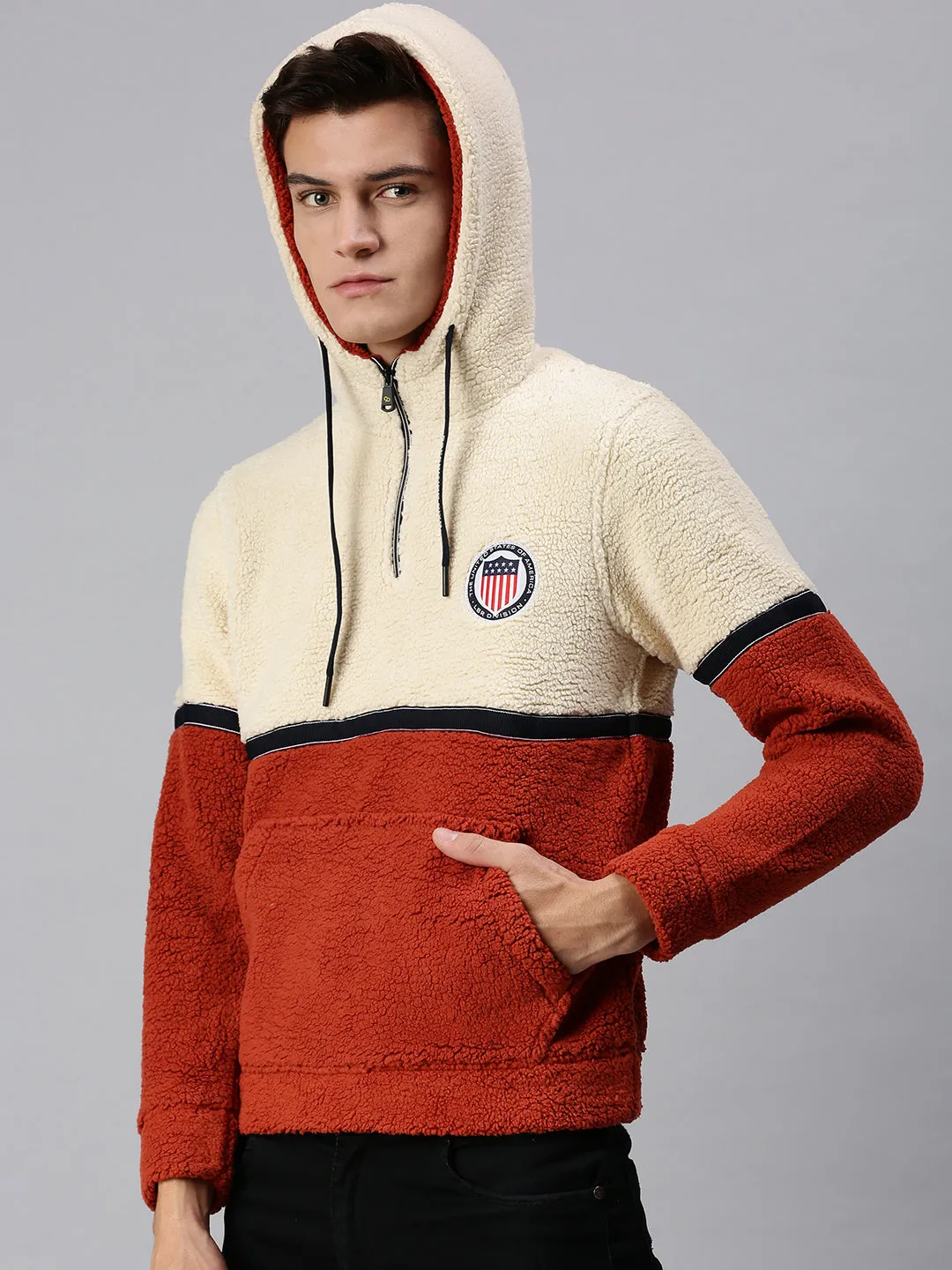 Men Cream Colourblocked Hooded Sweatshirt