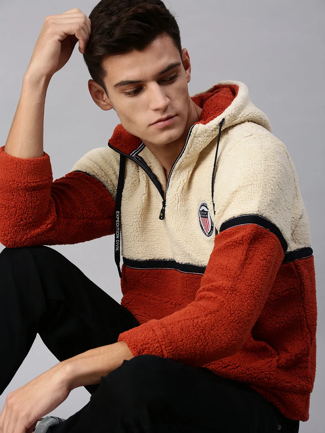 Men Cream Colourblocked Hooded Sweatshirt