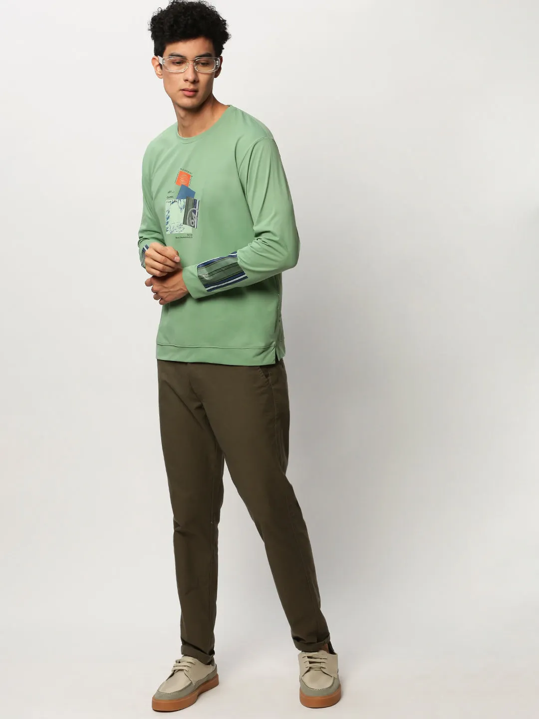 Men Green Graphic Printed Cotton Sweatshirt