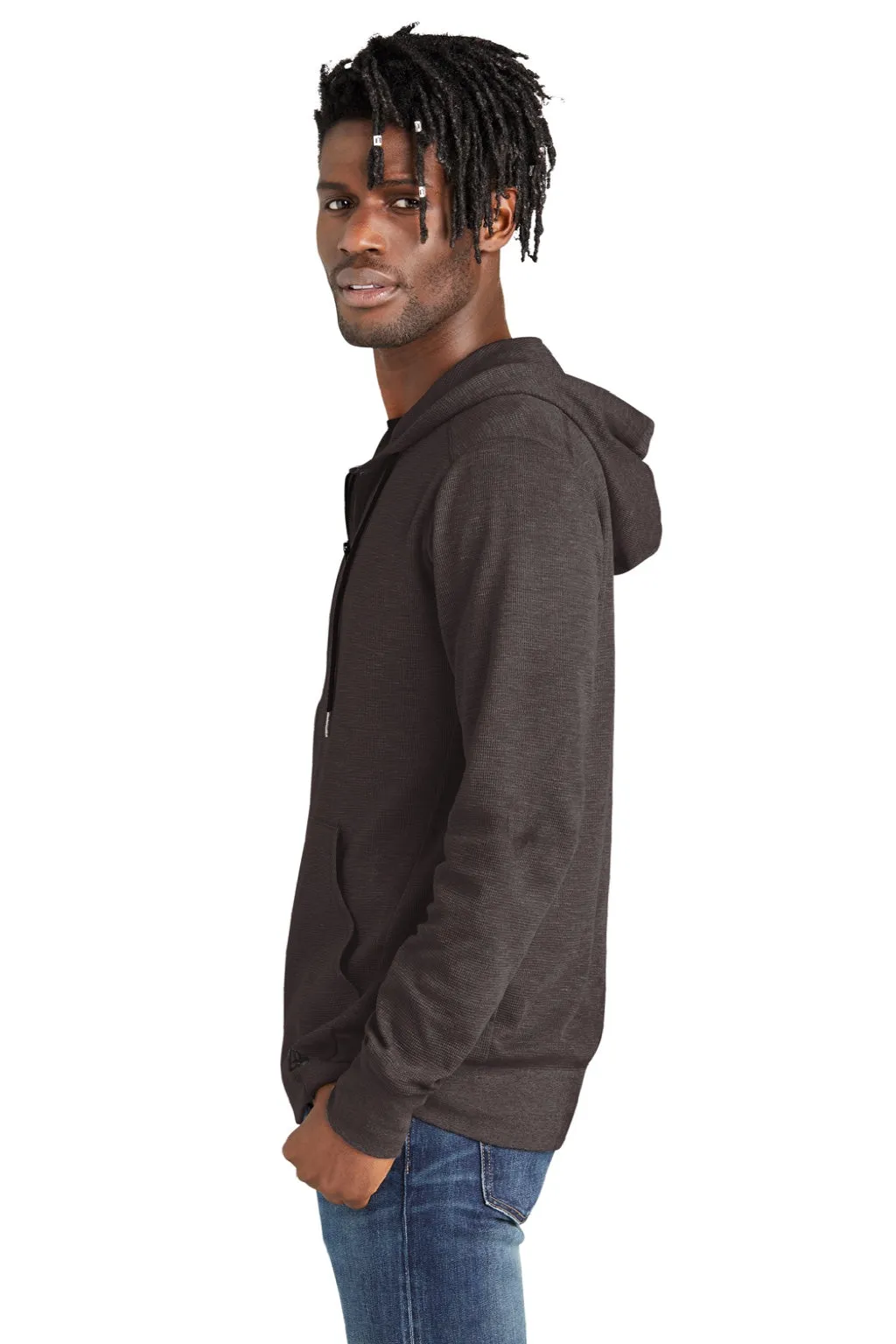 New Era Mens Thermal Full Zip Hooded Sweatshirt Hoodie w/ Pockets - Heather Black