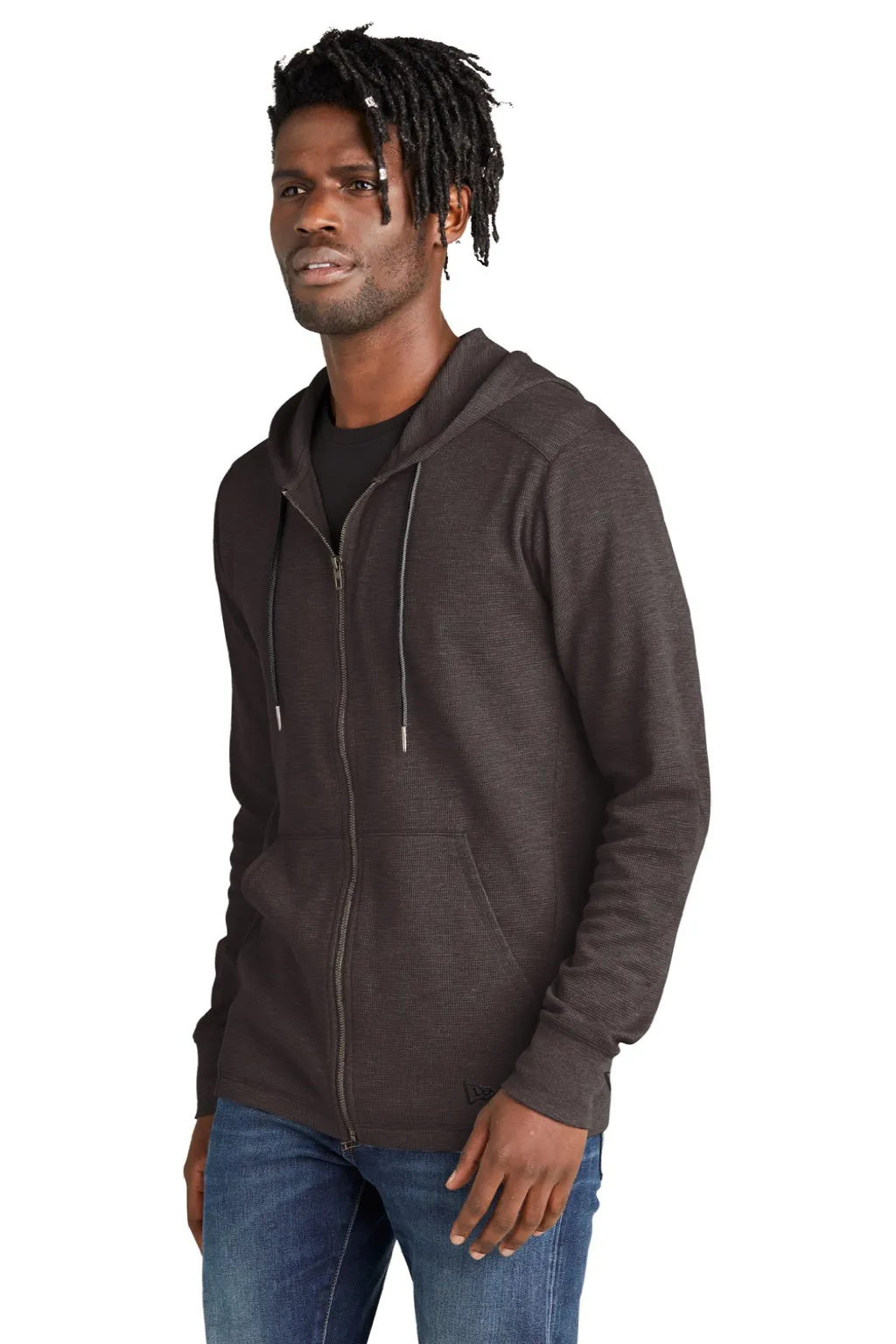 New Era Mens Thermal Full Zip Hooded Sweatshirt Hoodie w/ Pockets - Heather Black
