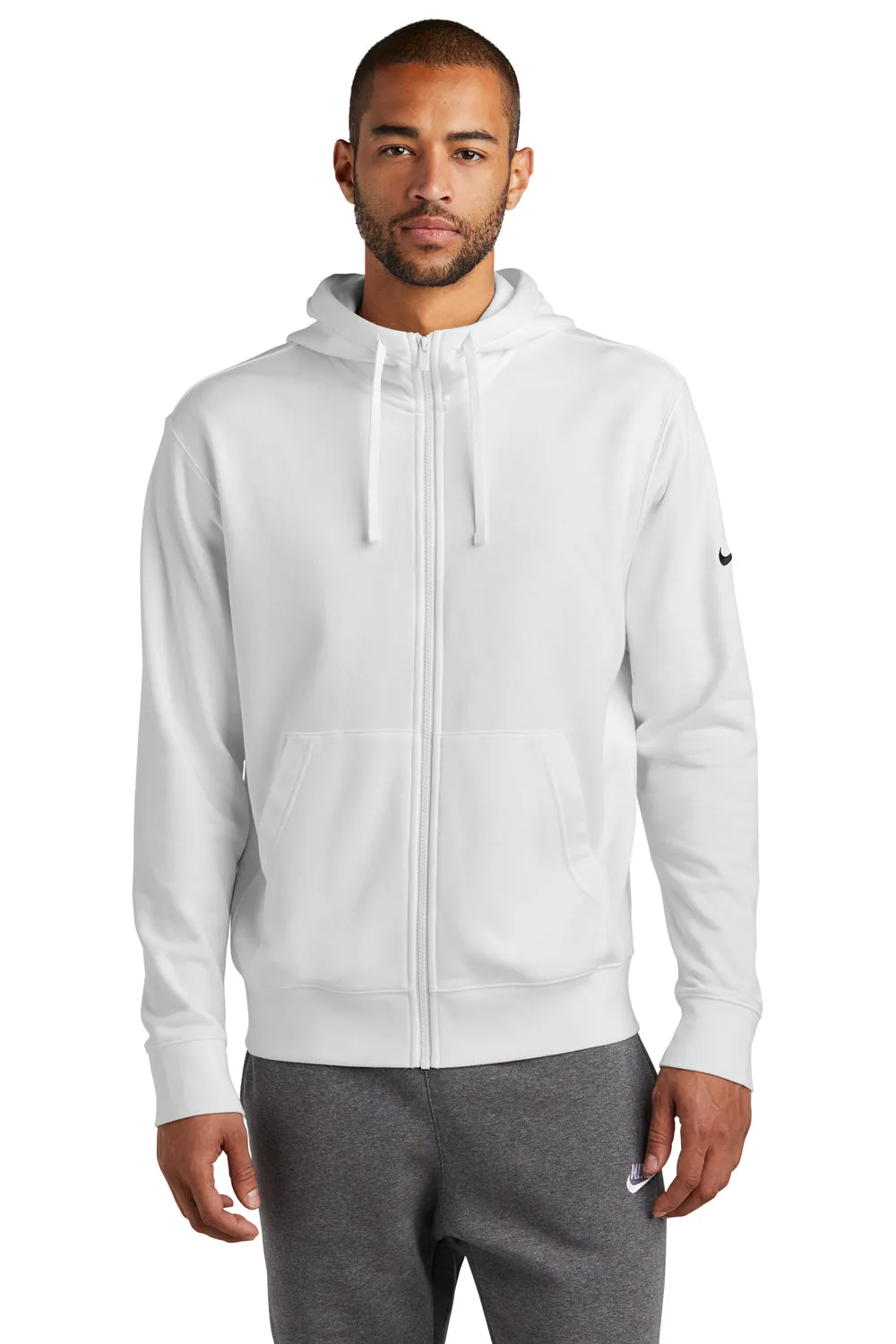 Nike Mens Club Fleece Full Zip Hooded Sweatshirt Hoodie w/ Pockets - White