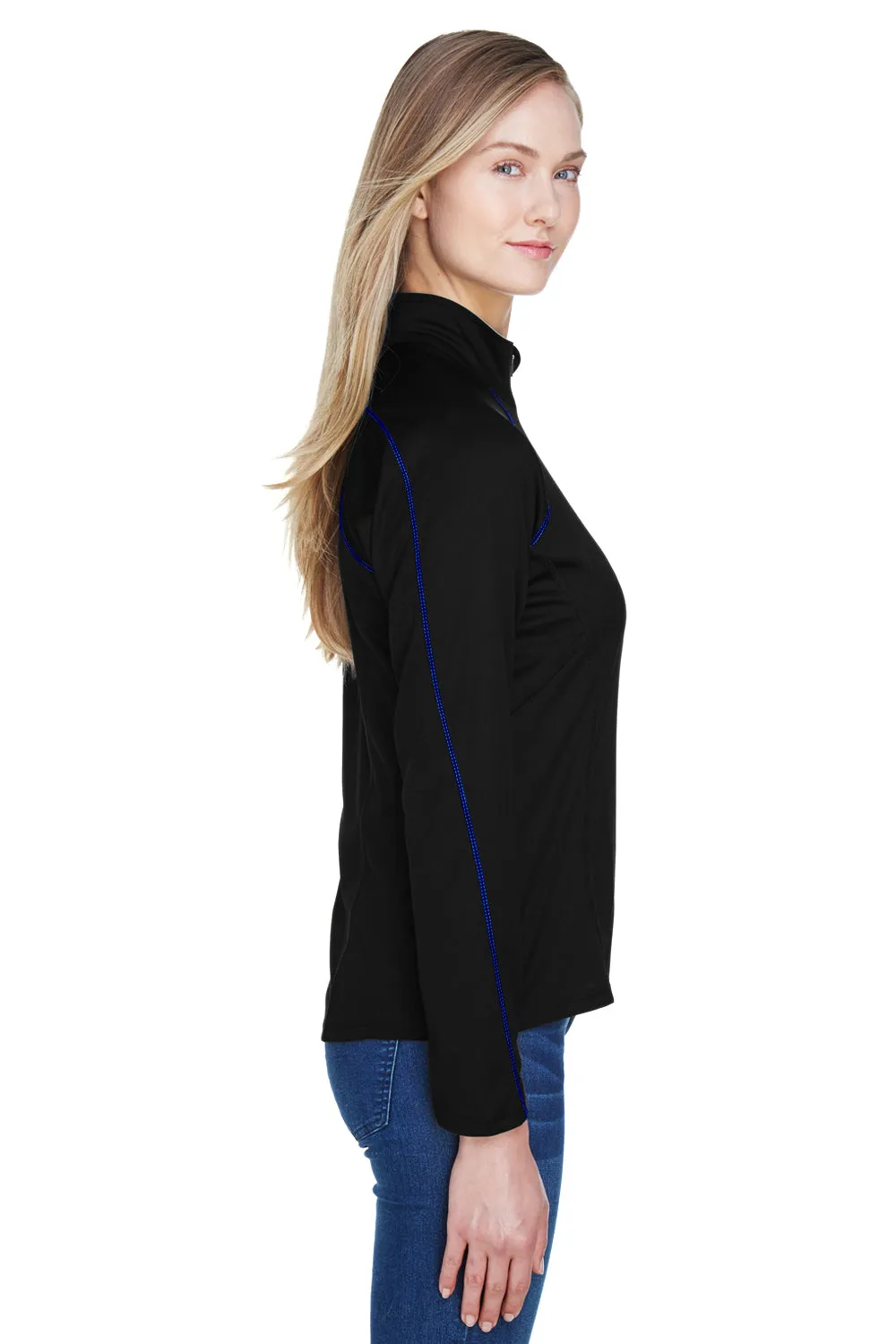 North End Womens Radar Performance Moisture Wicking 1/4 Zip Sweatshirt - Black/True Royal Blue
