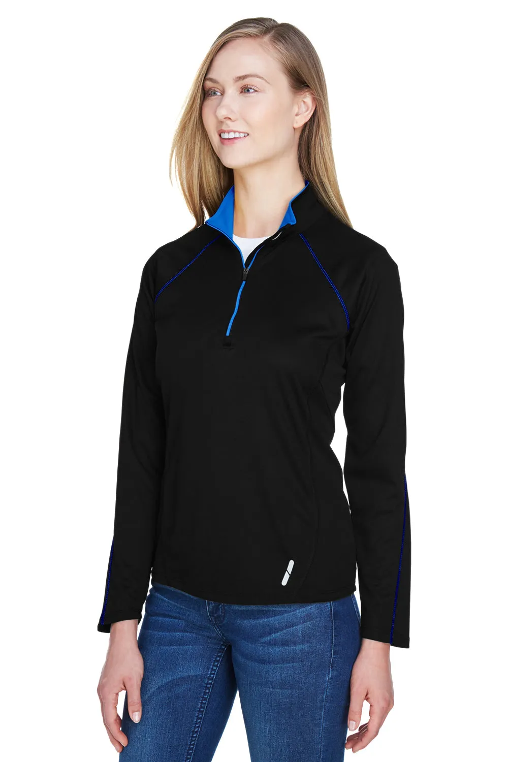 North End Womens Radar Performance Moisture Wicking 1/4 Zip Sweatshirt - Black/True Royal Blue