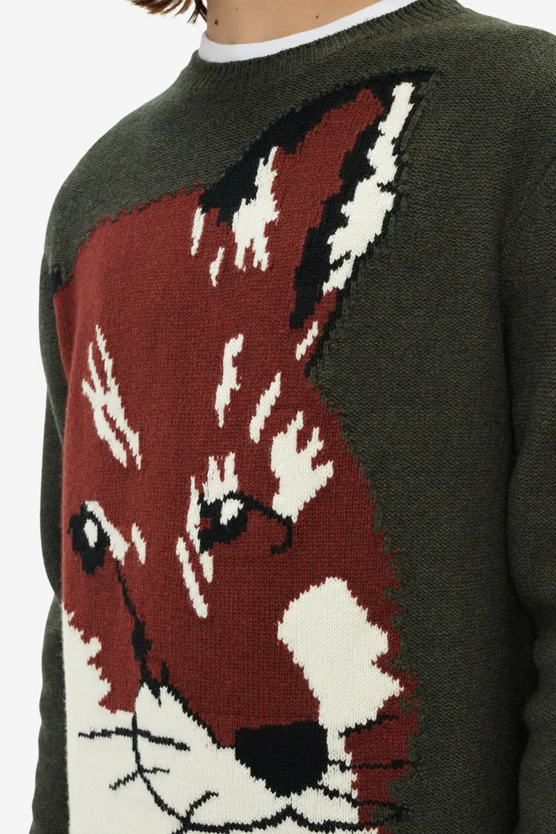 OVERSIZE FOX HEAD JACQUARD PULLOVER KHAKI GREY