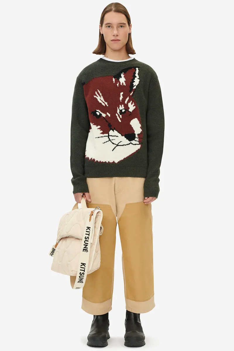 OVERSIZE FOX HEAD JACQUARD PULLOVER KHAKI GREY