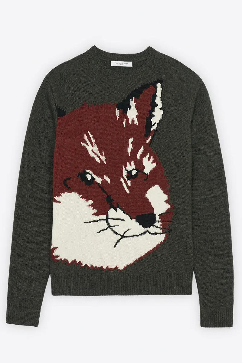 OVERSIZE FOX HEAD JACQUARD PULLOVER KHAKI GREY