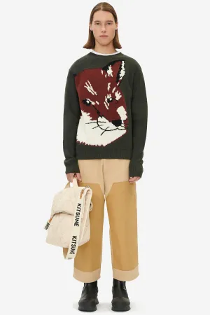 OVERSIZE FOX HEAD JACQUARD PULLOVER KHAKI GREY