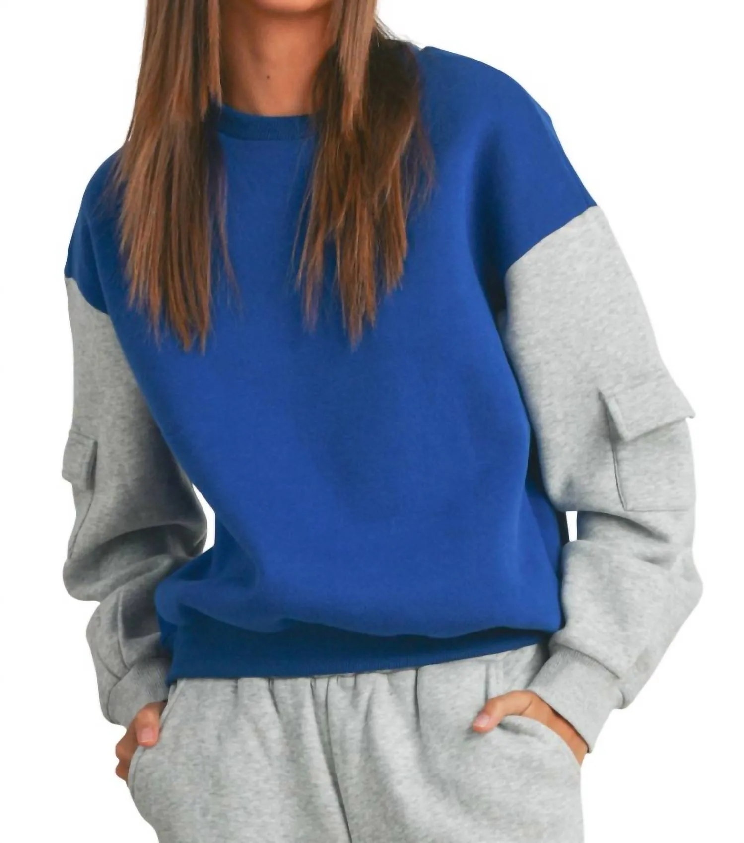 Patched Pocket Contrast Sweatshirt In Blue / Hgrey