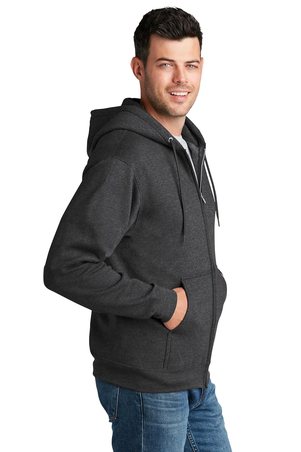Port & Company Mens Core Pill Resistant Fleece Full Zip Hooded Sweatshirt Hoodie w/ Pockets - Heather Dark Grey