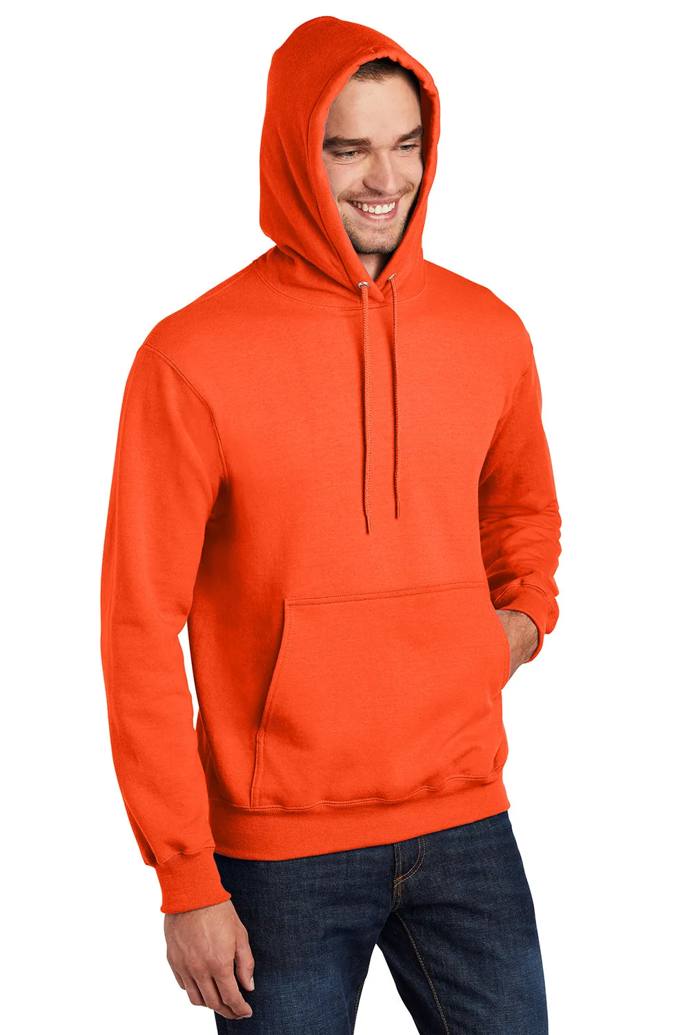 Port & Company Mens Essential Pill Resistant Fleece Hooded Sweatshirt Hoodie w/ Pouch Pocket - Safety Orange