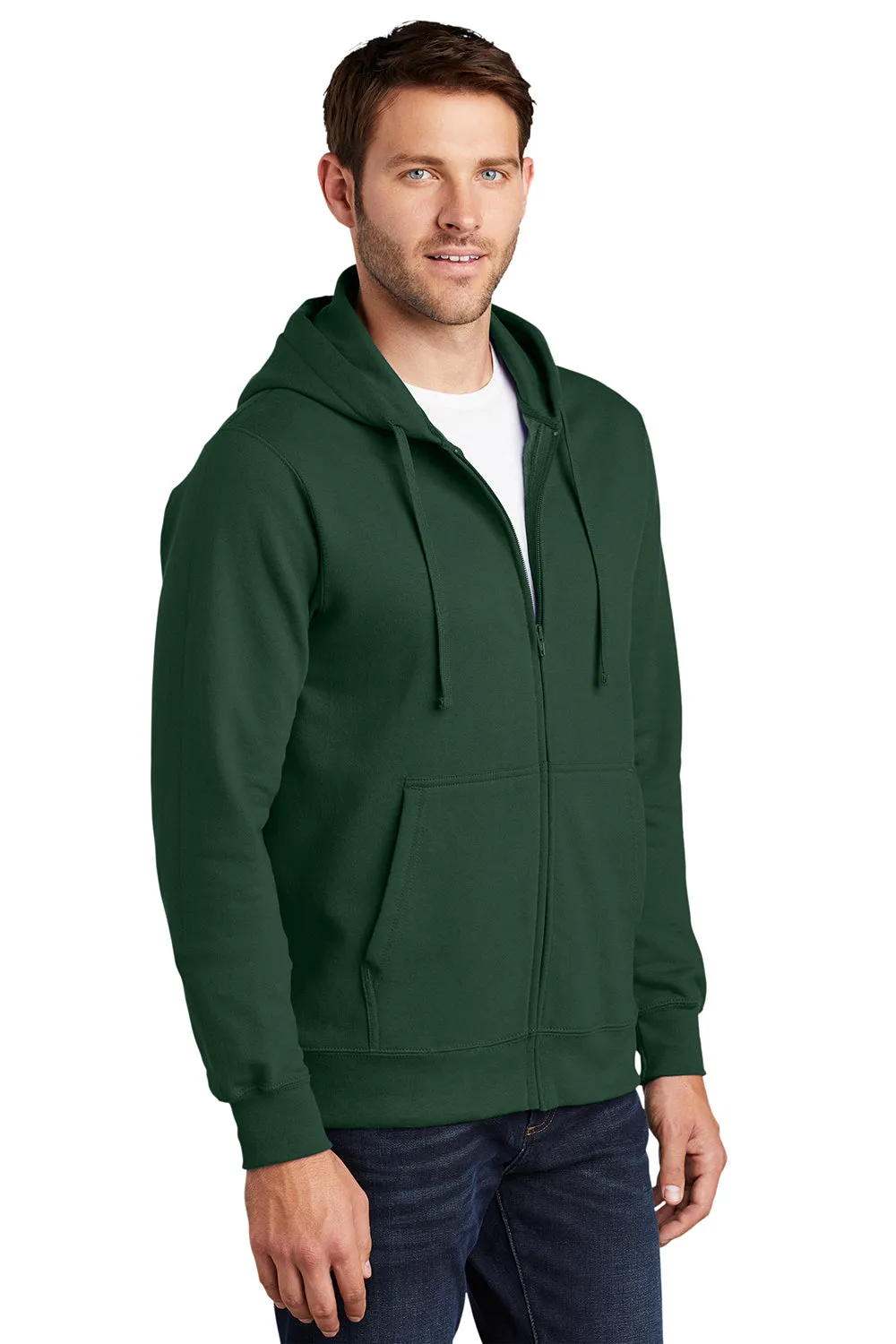 Port & Company Mens Fan Favorite Fleece Full Zip Hooded Sweatshirt Hoodie w/ Pockets - Forest Green