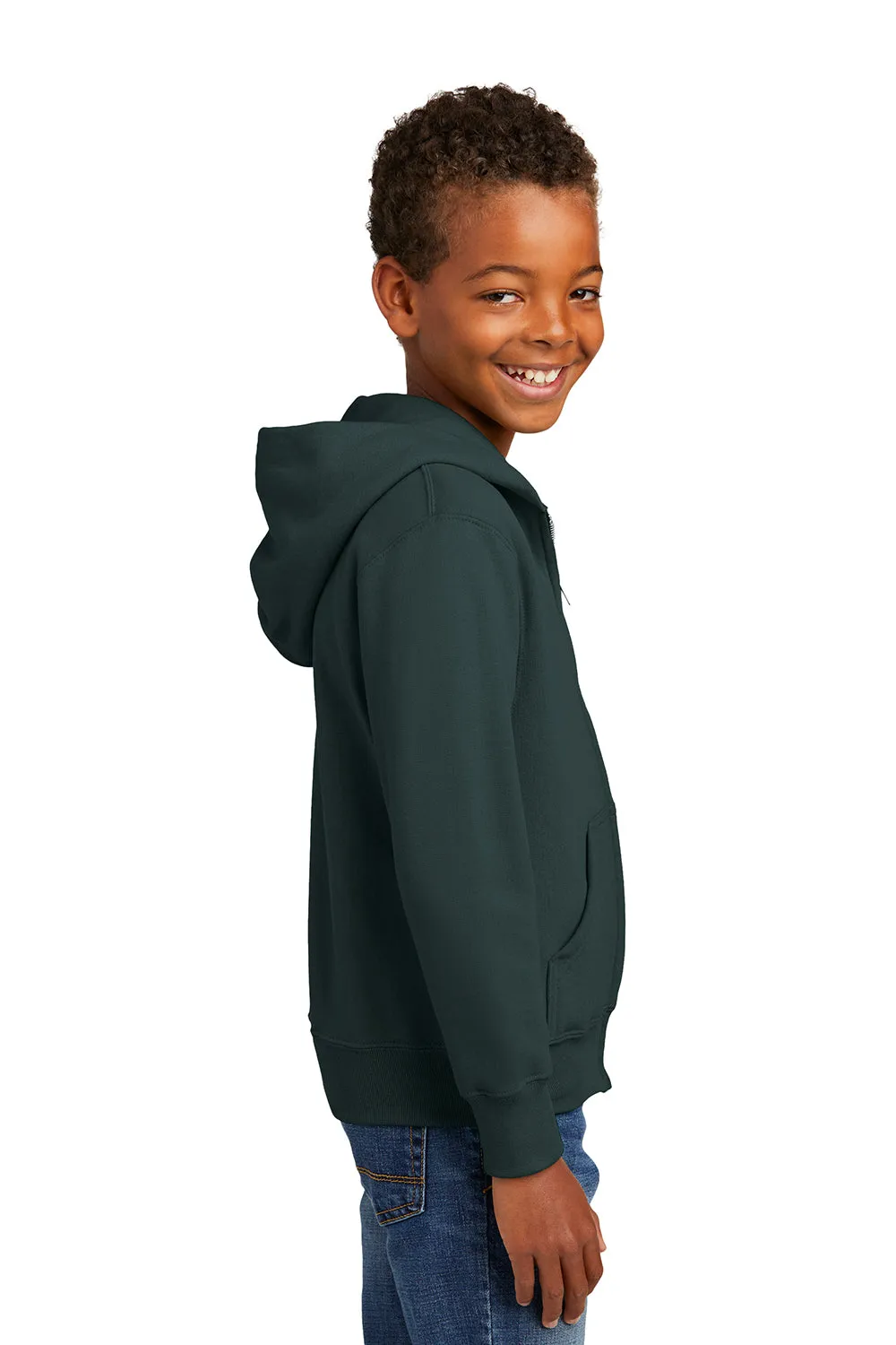 Port & Company Youth Core Pill Resistant Fleece Full Zip Hooded Sweatshirt Hoodie w/ Pockets - Dark Green