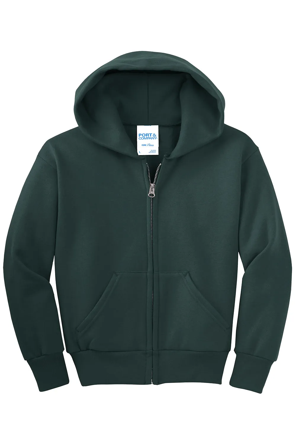 Port & Company Youth Core Pill Resistant Fleece Full Zip Hooded Sweatshirt Hoodie w/ Pockets - Dark Green