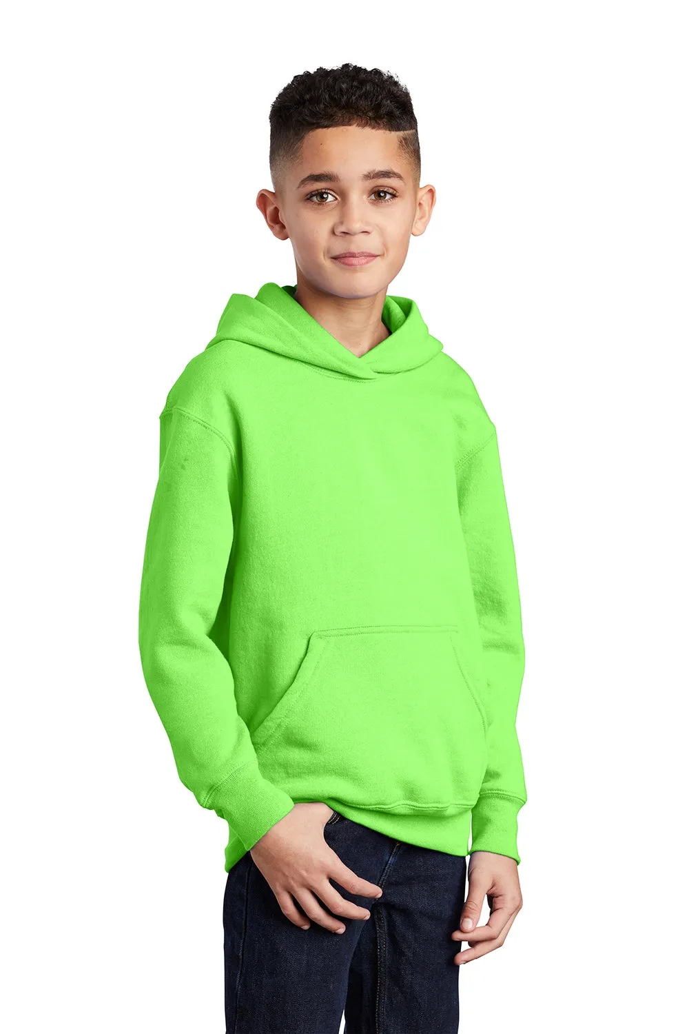 Port & Company Youth Core Pill Resistant Fleece Hooded Sweatshirt Hoodie w/ Pouch Pocket - Neon Green