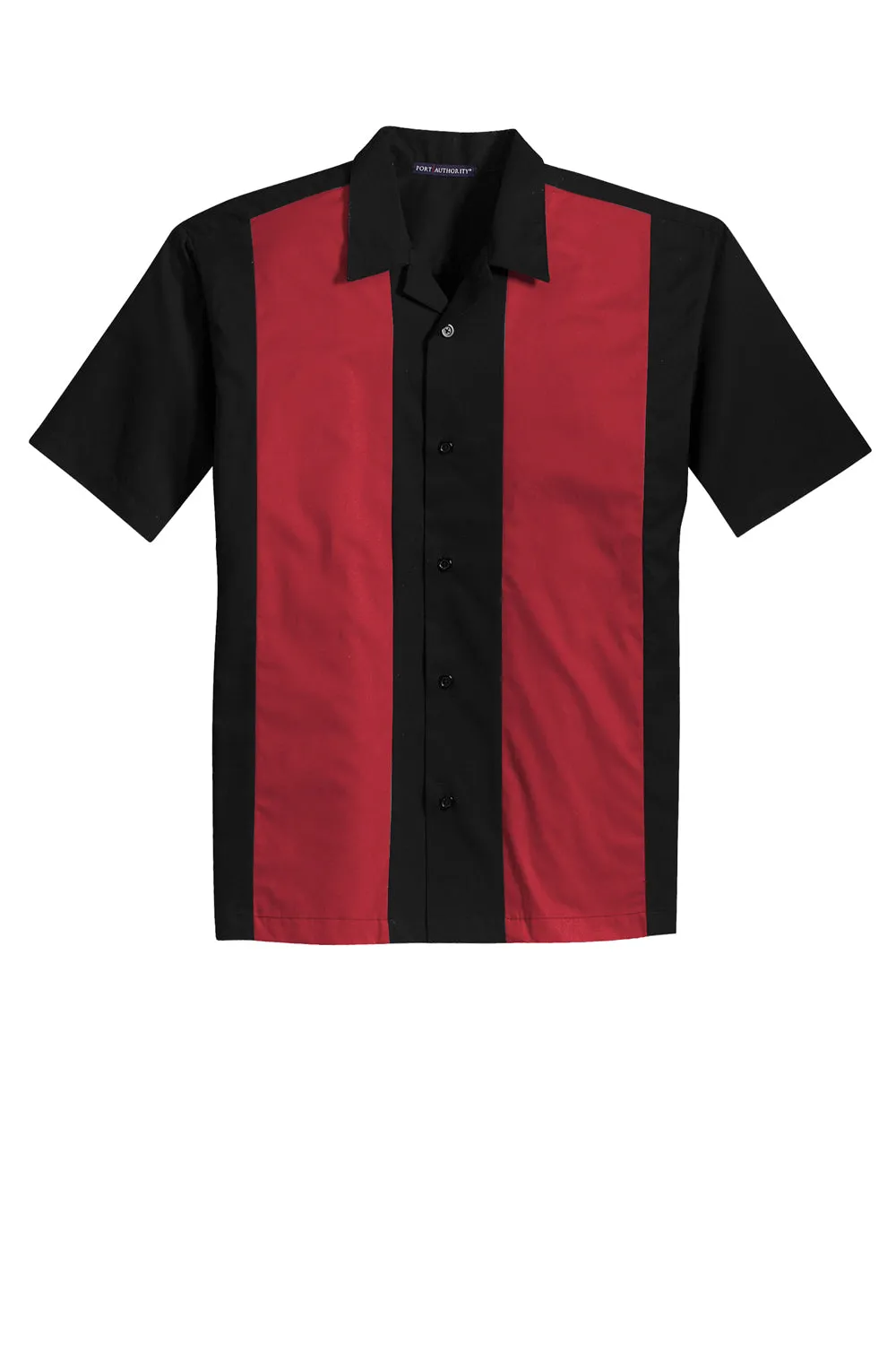 Port Authority Mens Retro Easy Care Wrinkle Resistant Short Sleeve Button Down Camp Shirt - Black/Red - Closeout
