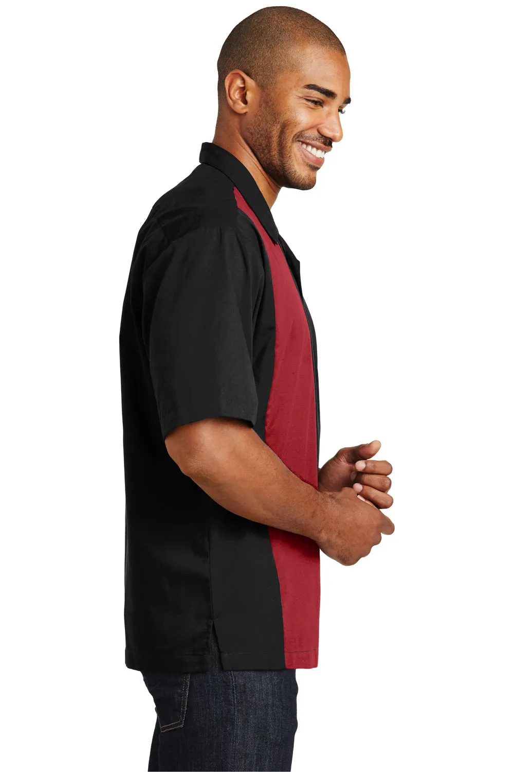 Port Authority Mens Retro Easy Care Wrinkle Resistant Short Sleeve Button Down Camp Shirt - Black/Red - Closeout