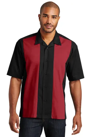 Port Authority Mens Retro Easy Care Wrinkle Resistant Short Sleeve Button Down Camp Shirt - Black/Red - Closeout