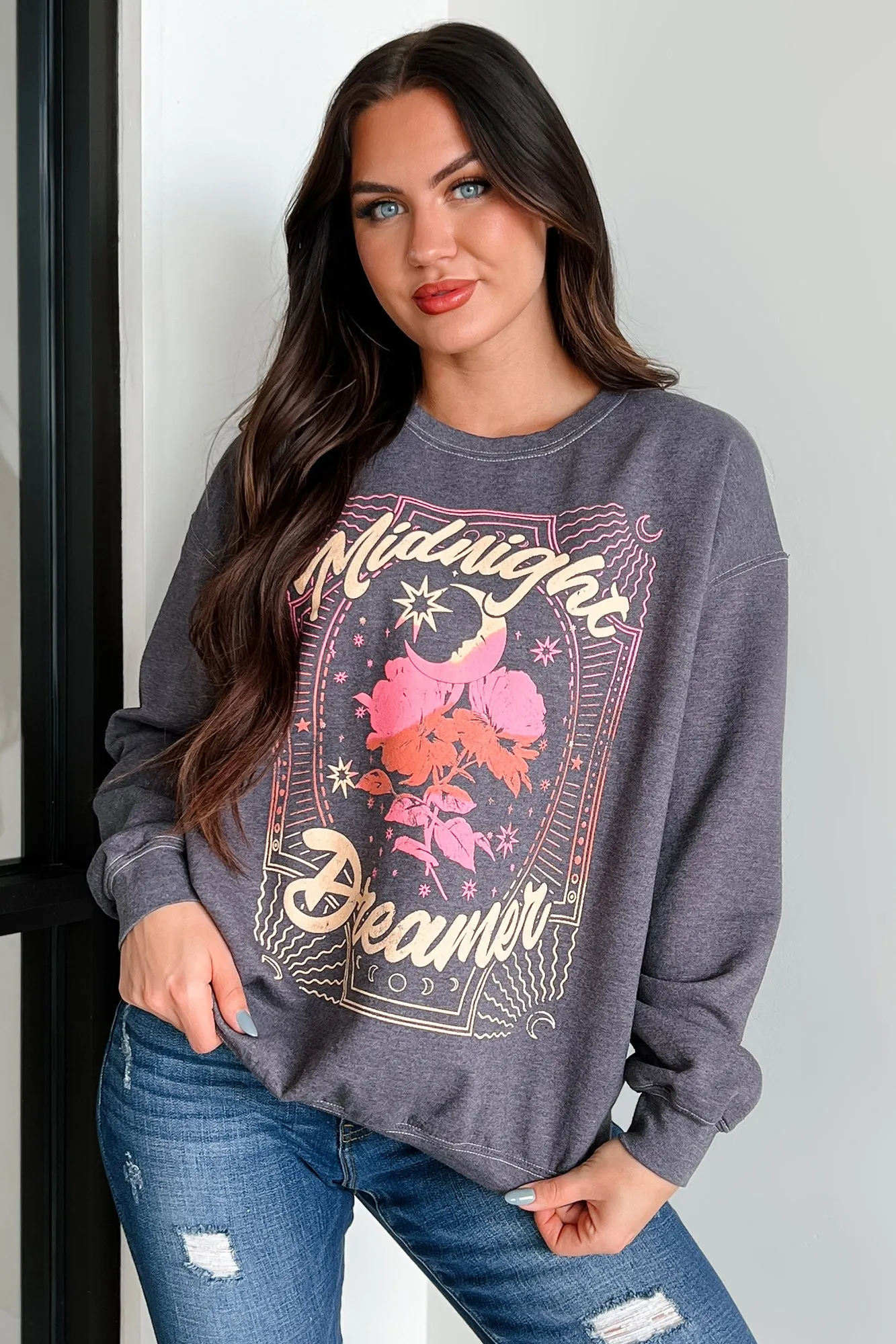 "Midnight Dreamer" Oversized Graphic Sweatshirt (Dark Grey)