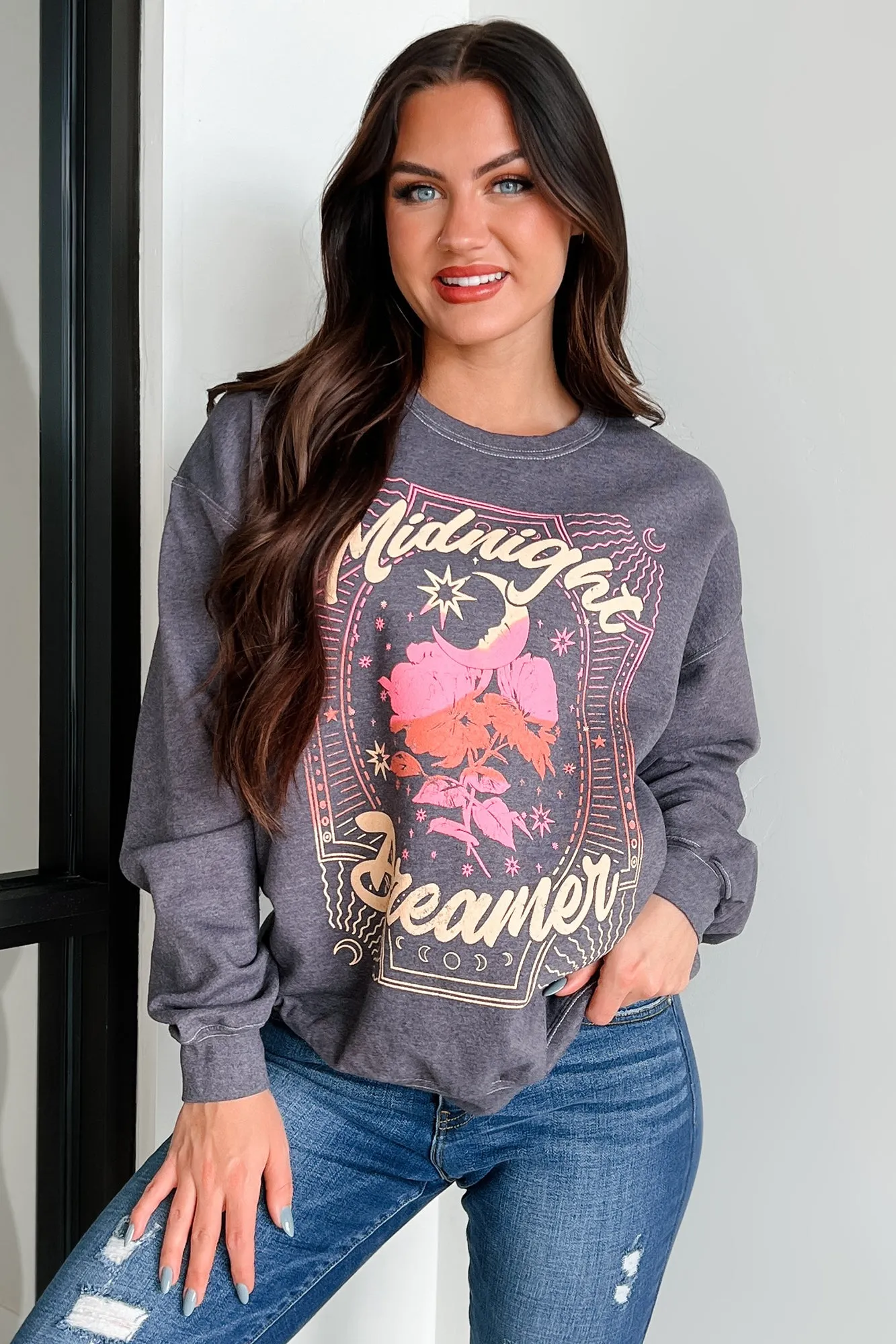 "Midnight Dreamer" Oversized Graphic Sweatshirt (Dark Grey)