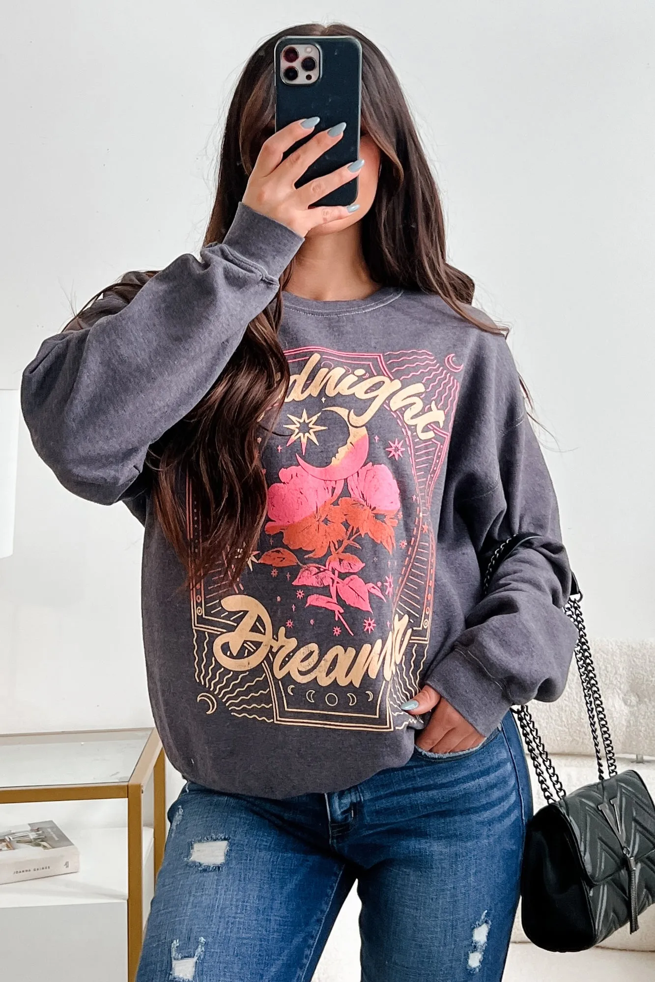 "Midnight Dreamer" Oversized Graphic Sweatshirt (Dark Grey)