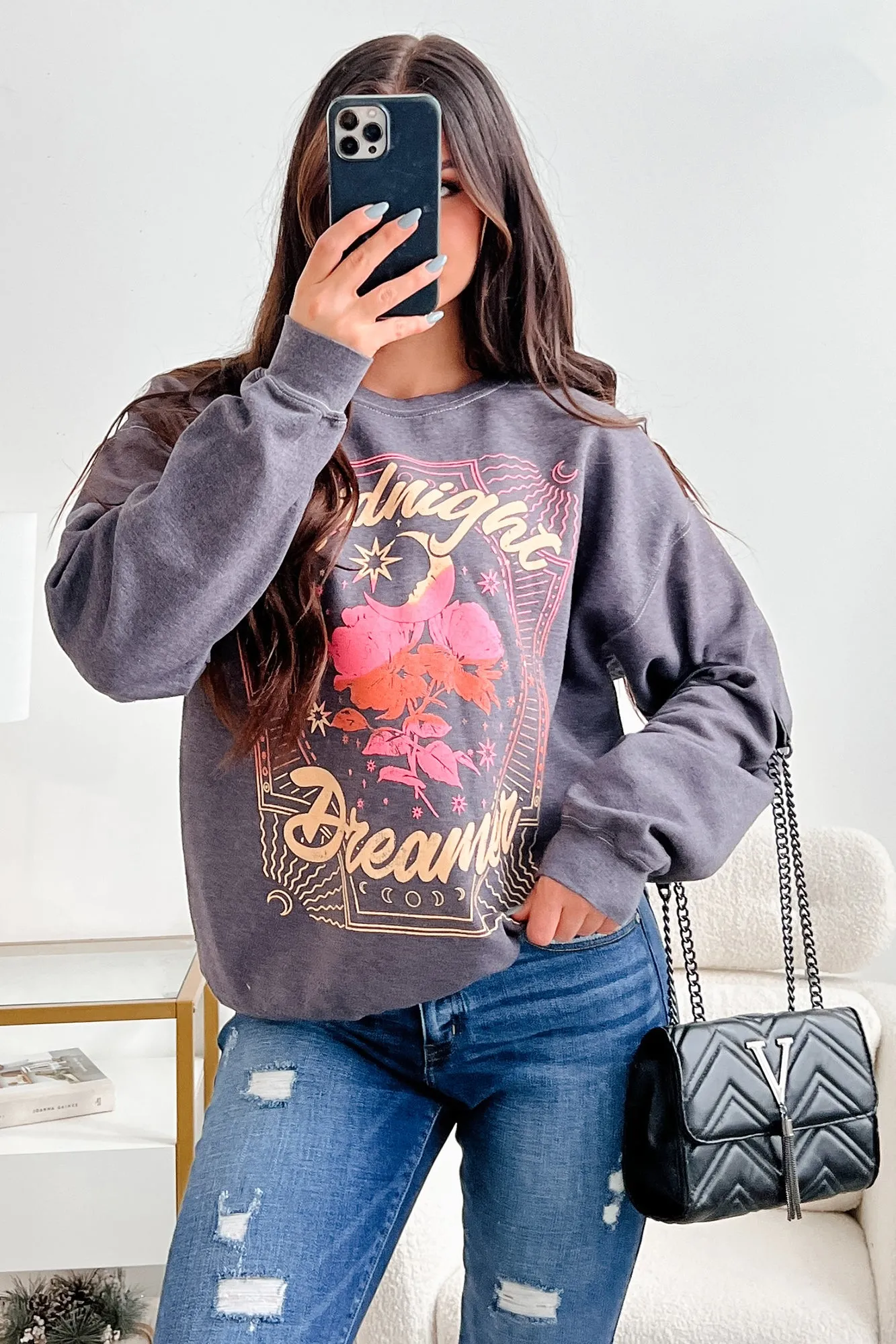 "Midnight Dreamer" Oversized Graphic Sweatshirt (Dark Grey)