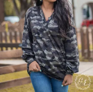 Since You Been Gone Pullover With Balloon Longsleeves And Buttons Top In Camouflage