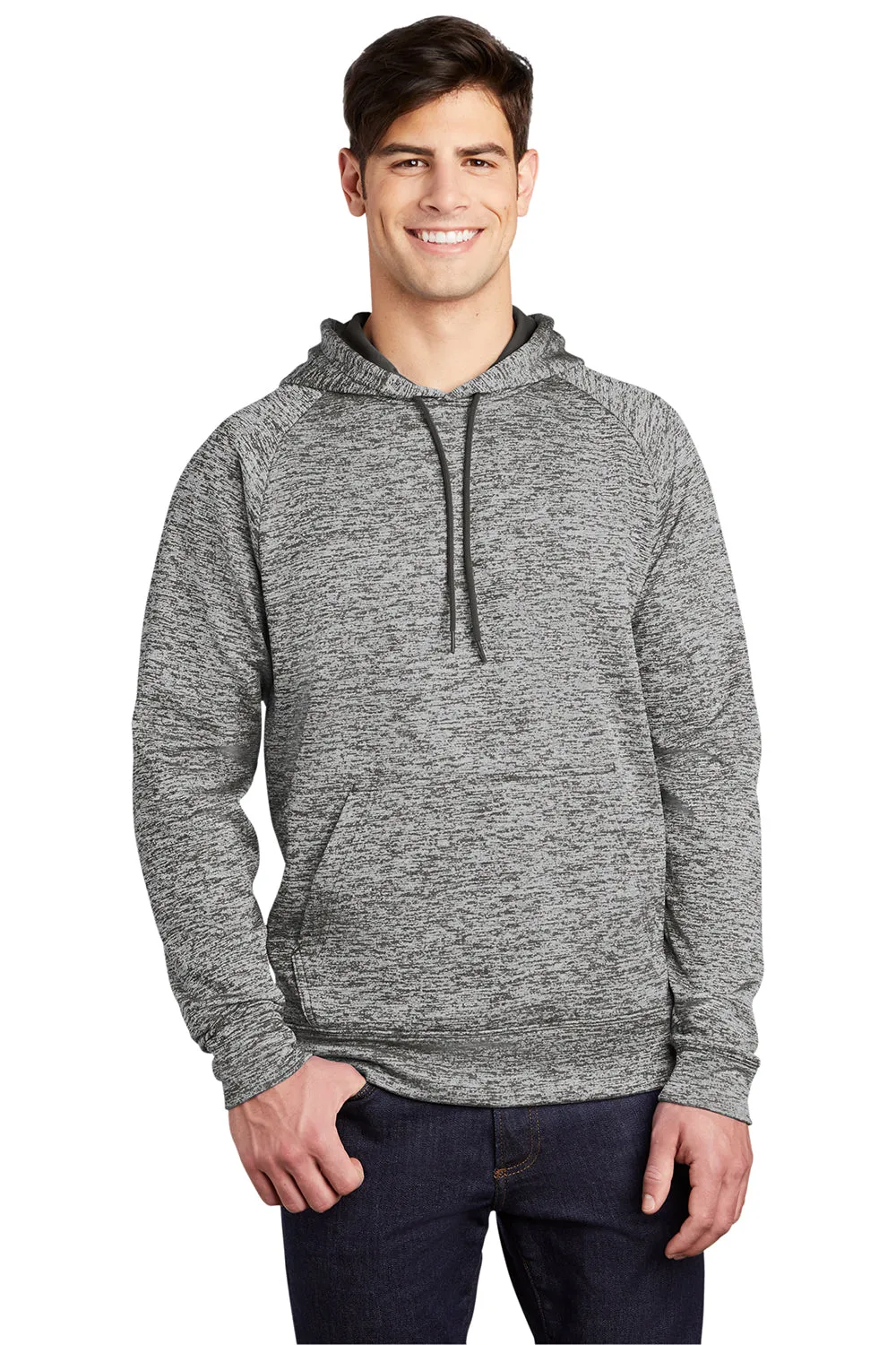 Sport-Tek Mens Electric Heather Moisture Wicking Fleece Hooded Sweatshirt Hoodie w/ Pouch Pocket - Black Electric