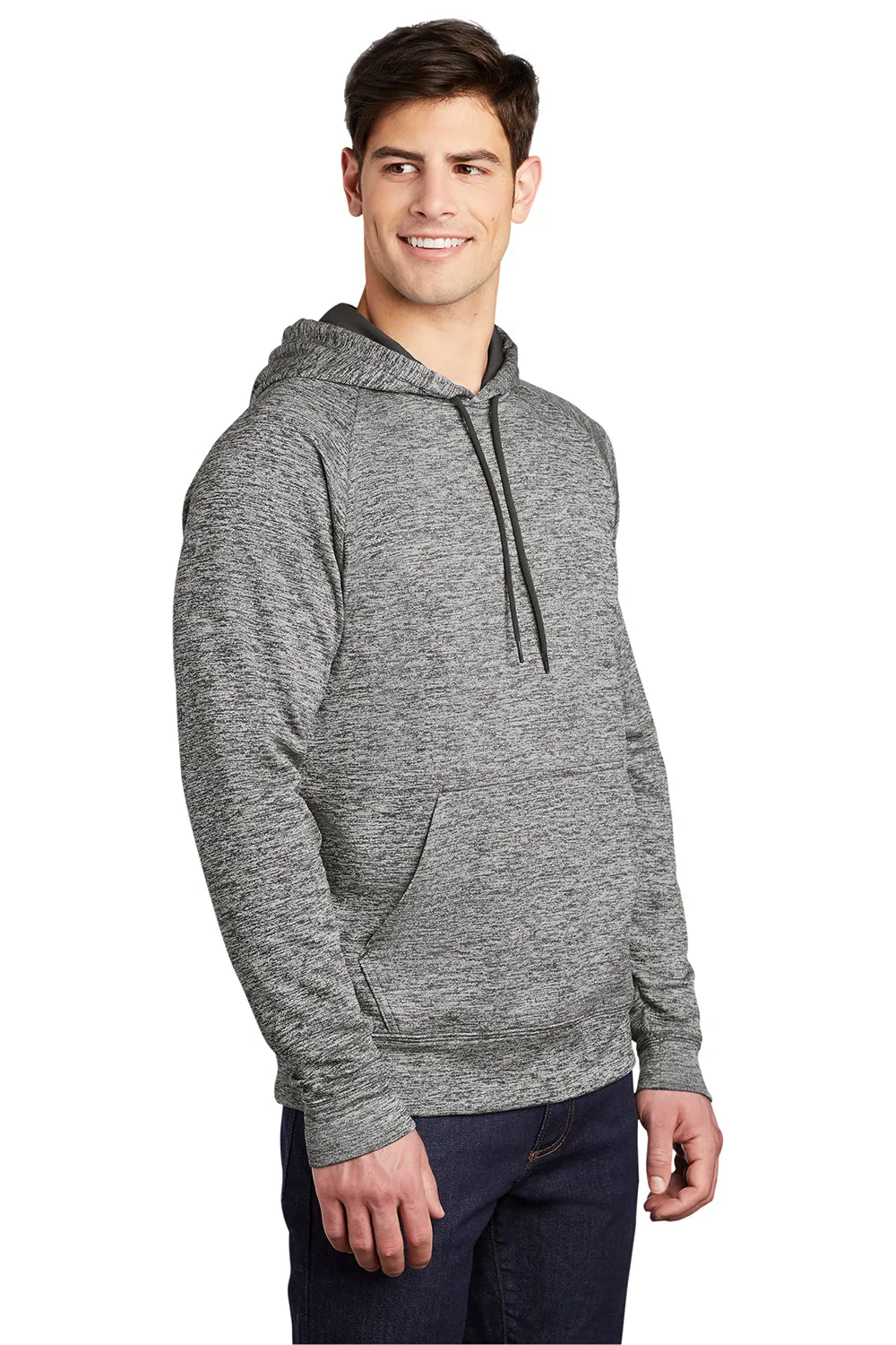 Sport-Tek Mens Electric Heather Moisture Wicking Fleece Hooded Sweatshirt Hoodie w/ Pouch Pocket - Black Electric