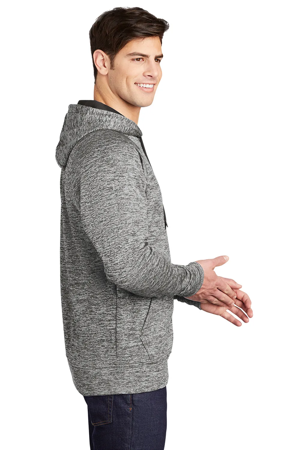 Sport-Tek Mens Electric Heather Moisture Wicking Fleece Hooded Sweatshirt Hoodie w/ Pouch Pocket - Black Electric