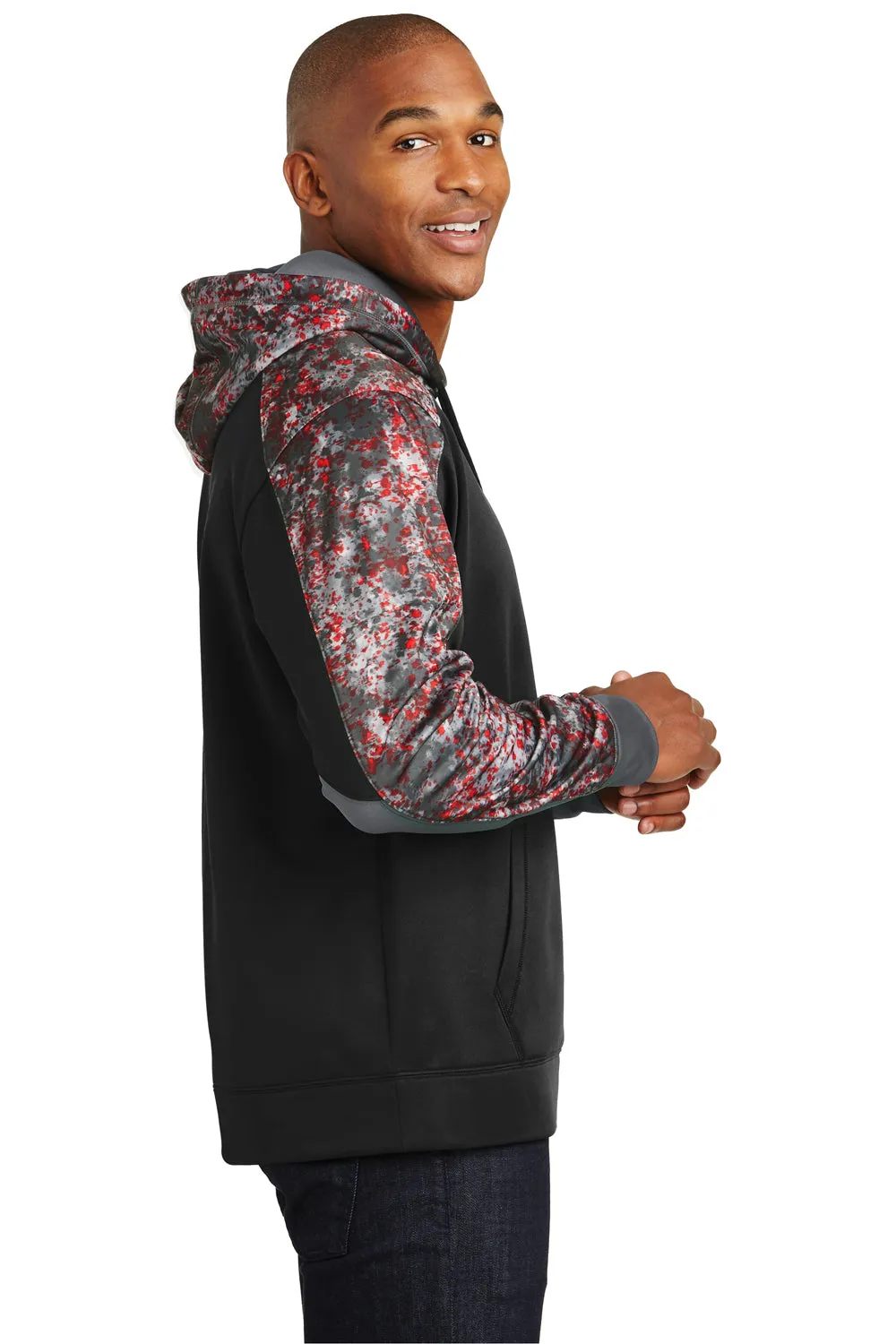 Sport-Tek Mens Sport-Wick Mineral Freeze Moisture Wicking Fleece Hooded Sweatshirt Hoodie w/ Pouch Pocket - Deep Red/Black - Closeout