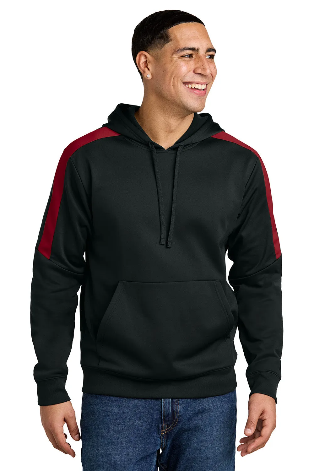 Sport-Tek Mens Sport-Wick Moisture Wicking United Fleece Hooded Sweatshirt Hoodie w/ Pouch Pocket - Black/Deep Red