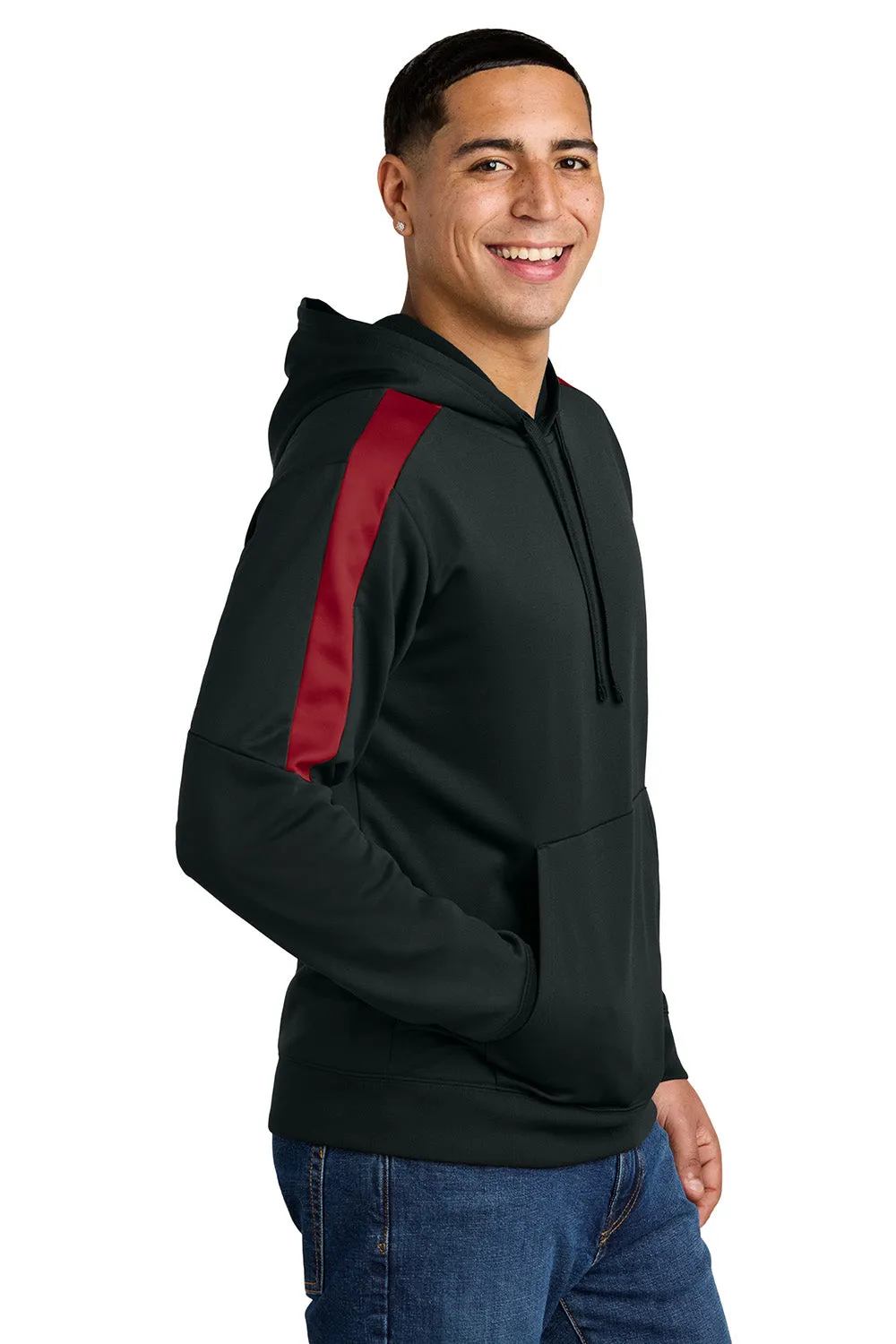 Sport-Tek Mens Sport-Wick Moisture Wicking United Fleece Hooded Sweatshirt Hoodie w/ Pouch Pocket - Black/Deep Red