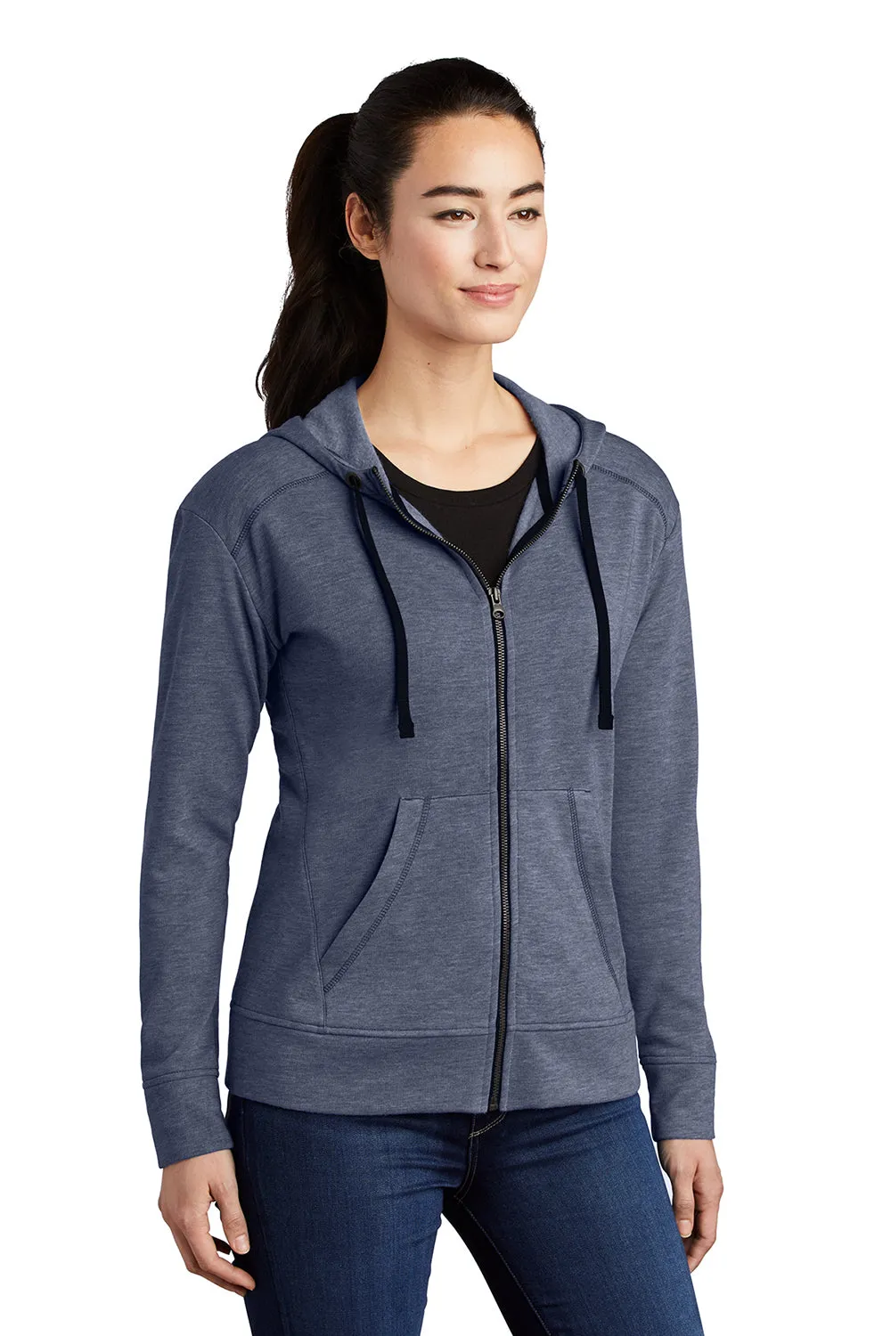 Sport-Tek Womens Moisture Wicking Fleece Full Zip Hooded Sweatshirt Hoodie w/ Pockets - Heather True Navy Blue
