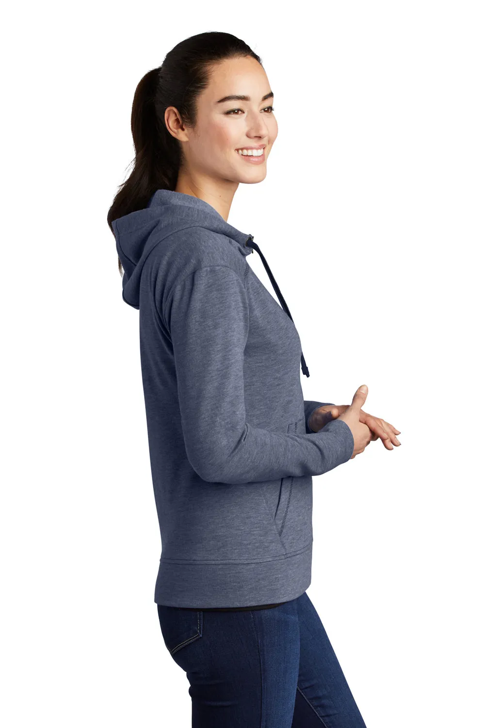 Sport-Tek Womens Moisture Wicking Fleece Full Zip Hooded Sweatshirt Hoodie w/ Pockets - Heather True Navy Blue