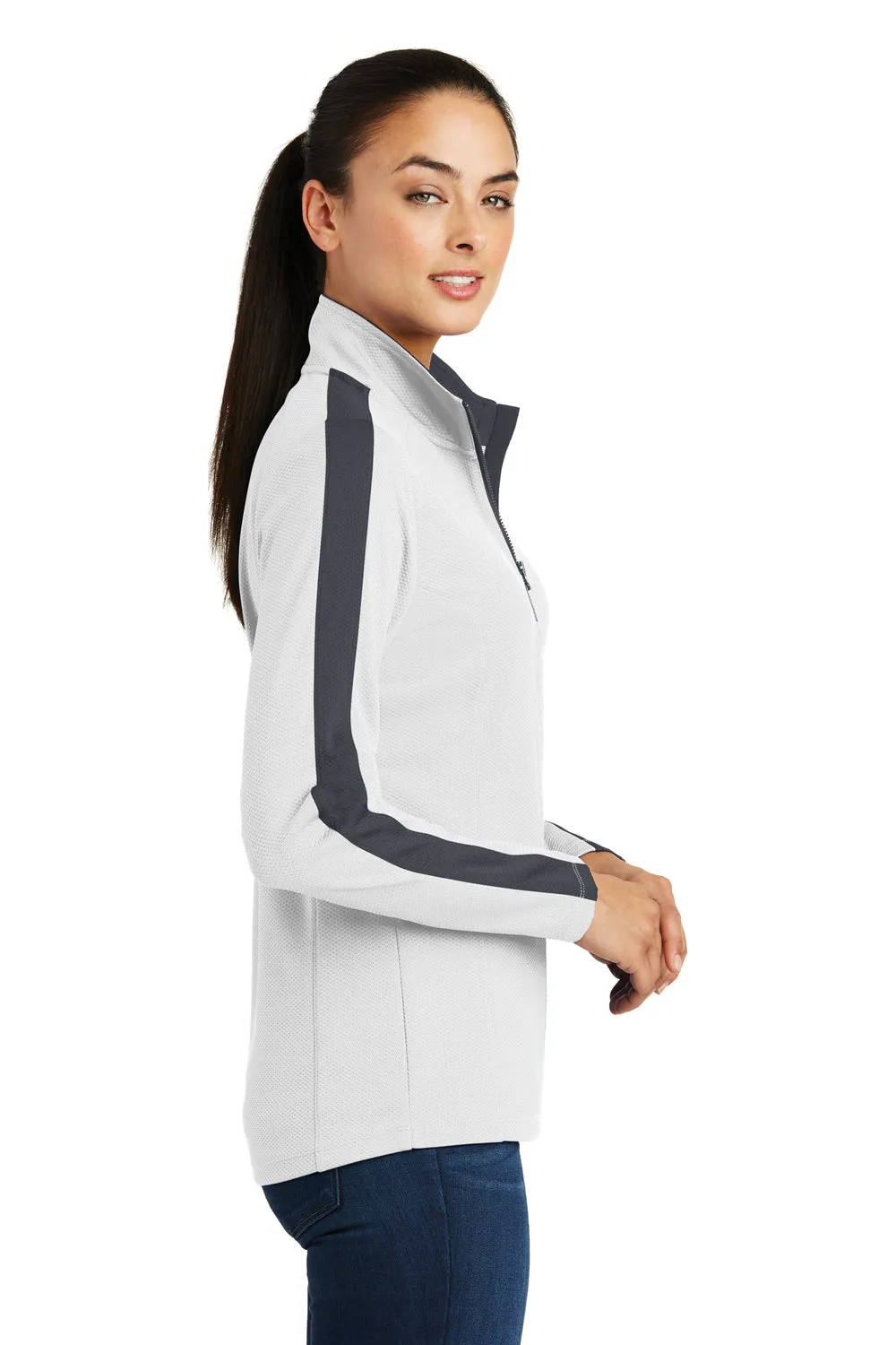 Sport-Tek Womens Sport-Wick Moisture Wicking 1/4 Zip Sweatshirt - White/Iron Grey - Closeout