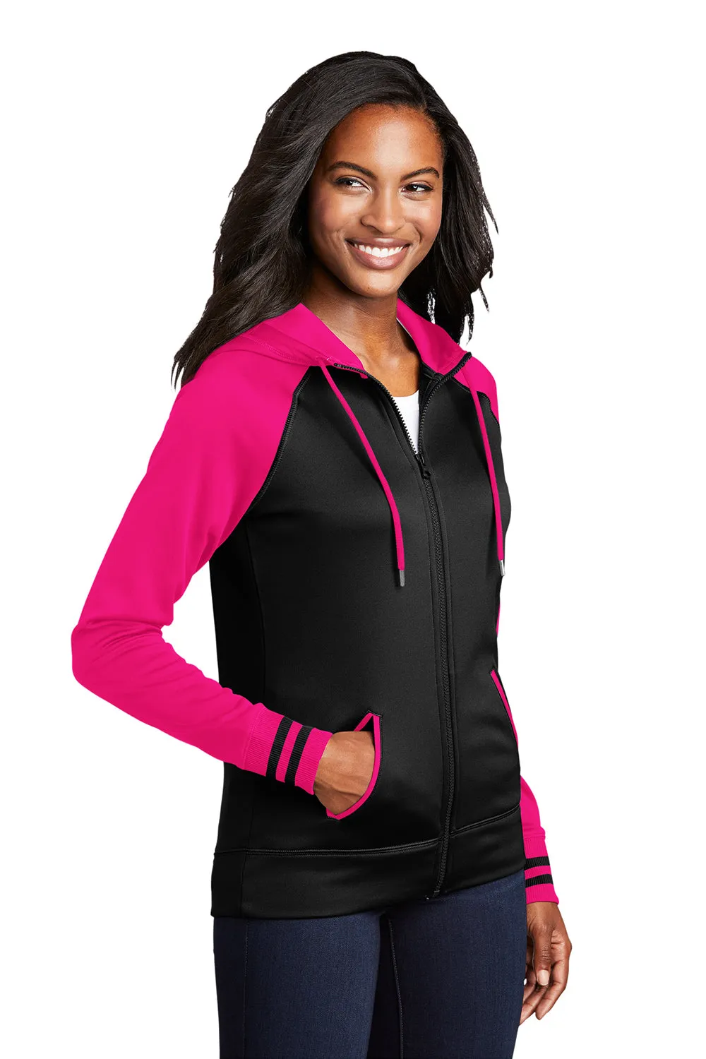 Sport-Tek Womens Sport-Wick Moisture Wicking Fleece Hooded Sweatshirt Hoodie w/ Pockets - Black/Neon Pink