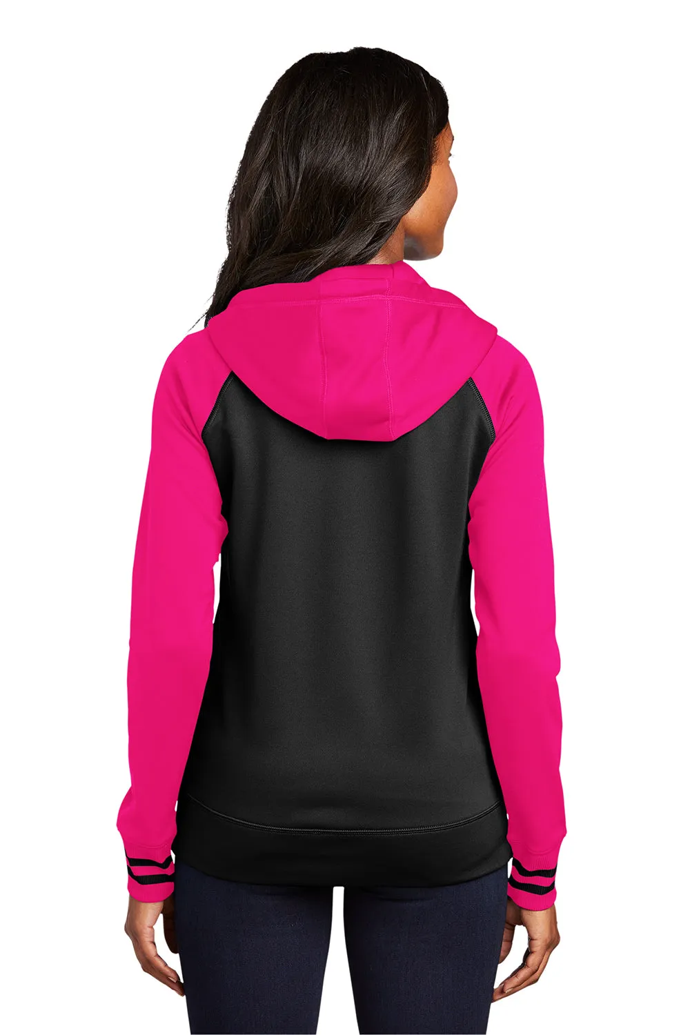 Sport-Tek Womens Sport-Wick Moisture Wicking Fleece Hooded Sweatshirt Hoodie w/ Pockets - Black/Neon Pink