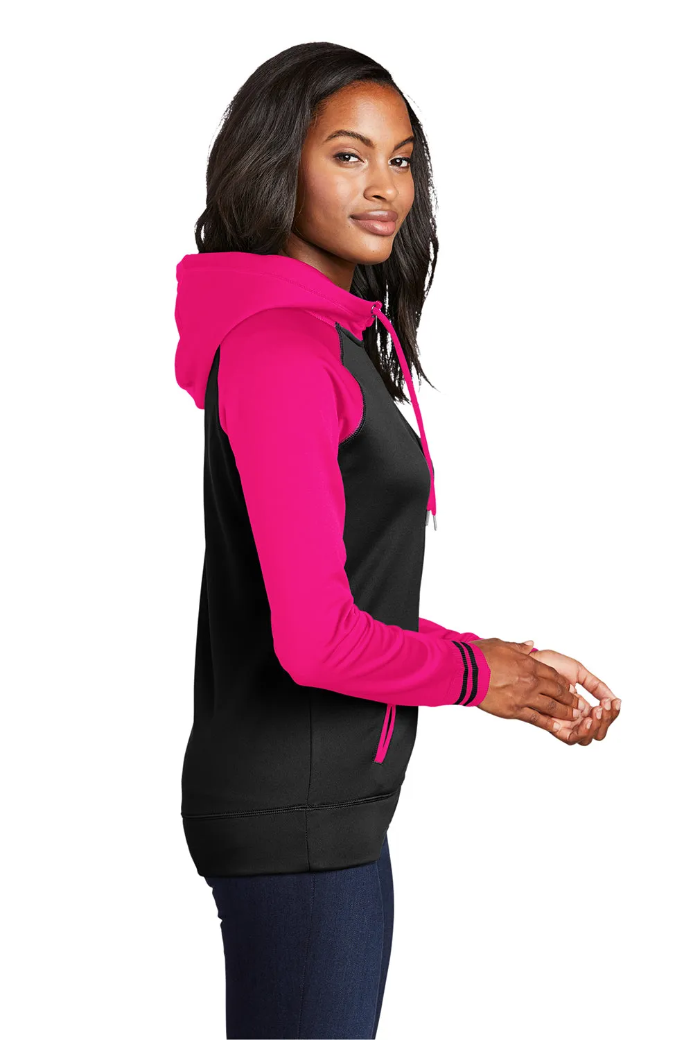 Sport-Tek Womens Sport-Wick Moisture Wicking Fleece Hooded Sweatshirt Hoodie w/ Pockets - Black/Neon Pink