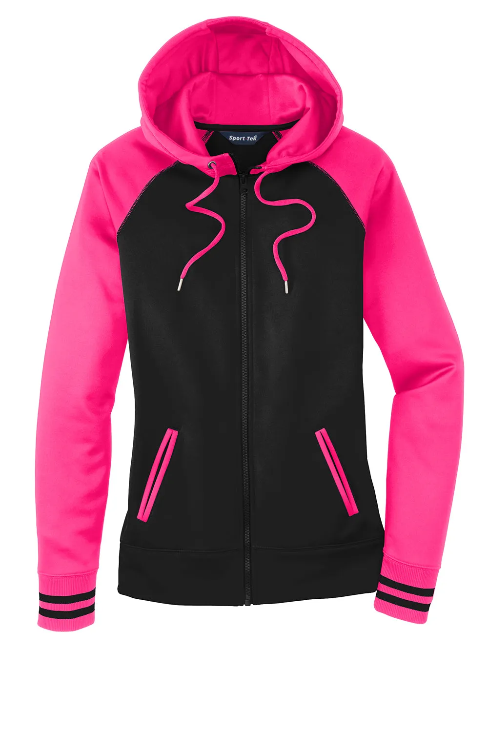 Sport-Tek Womens Sport-Wick Moisture Wicking Fleece Hooded Sweatshirt Hoodie w/ Pockets - Black/Neon Pink