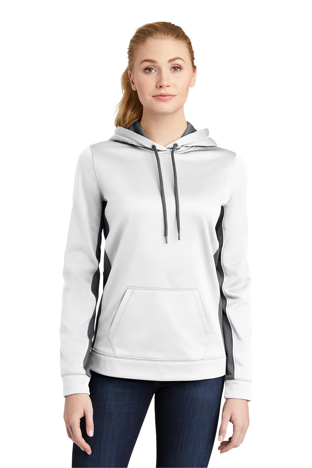 Sport-Tek Womens Sport-Wick Moisture Wicking Fleece Hooded Sweatshirt Hoodie w/ Pouch Pocket - White/Dark Smoke Grey - Closeout