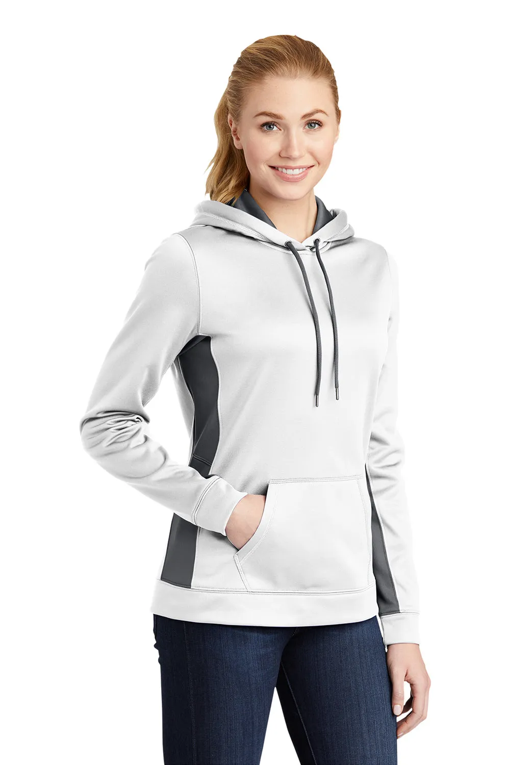 Sport-Tek Womens Sport-Wick Moisture Wicking Fleece Hooded Sweatshirt Hoodie w/ Pouch Pocket - White/Dark Smoke Grey - Closeout