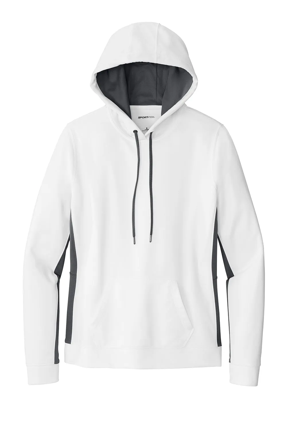 Sport-Tek Womens Sport-Wick Moisture Wicking Fleece Hooded Sweatshirt Hoodie w/ Pouch Pocket - White/Dark Smoke Grey - Closeout