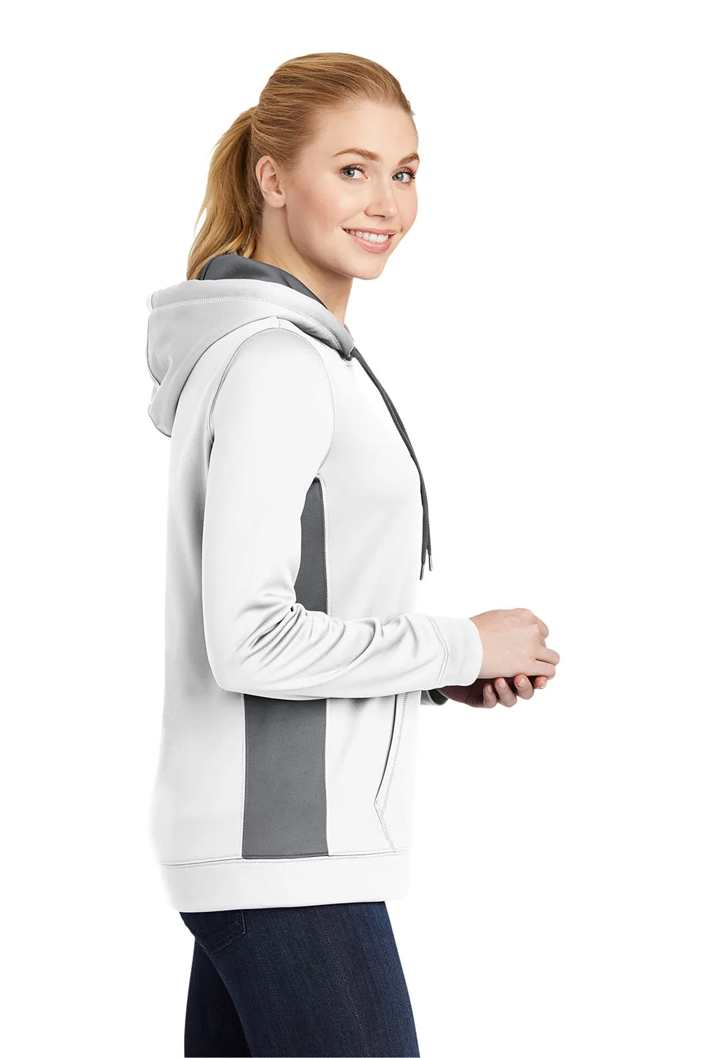 Sport-Tek Womens Sport-Wick Moisture Wicking Fleece Hooded Sweatshirt Hoodie w/ Pouch Pocket - White/Dark Smoke Grey - Closeout