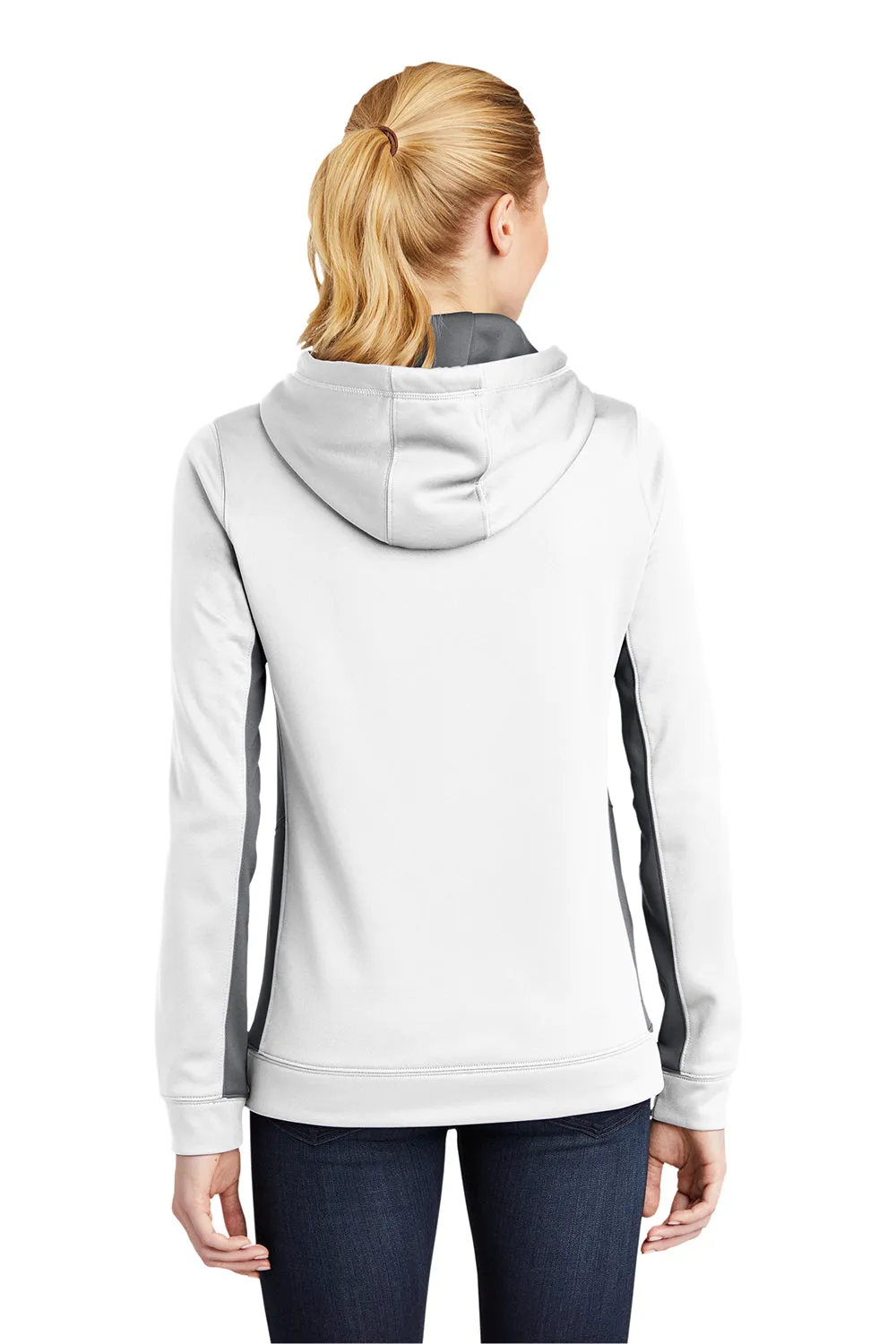 Sport-Tek Womens Sport-Wick Moisture Wicking Fleece Hooded Sweatshirt Hoodie w/ Pouch Pocket - White/Dark Smoke Grey - Closeout