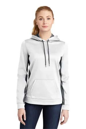 Sport-Tek Womens Sport-Wick Moisture Wicking Fleece Hooded Sweatshirt Hoodie w/ Pouch Pocket - White/Dark Smoke Grey - Closeout